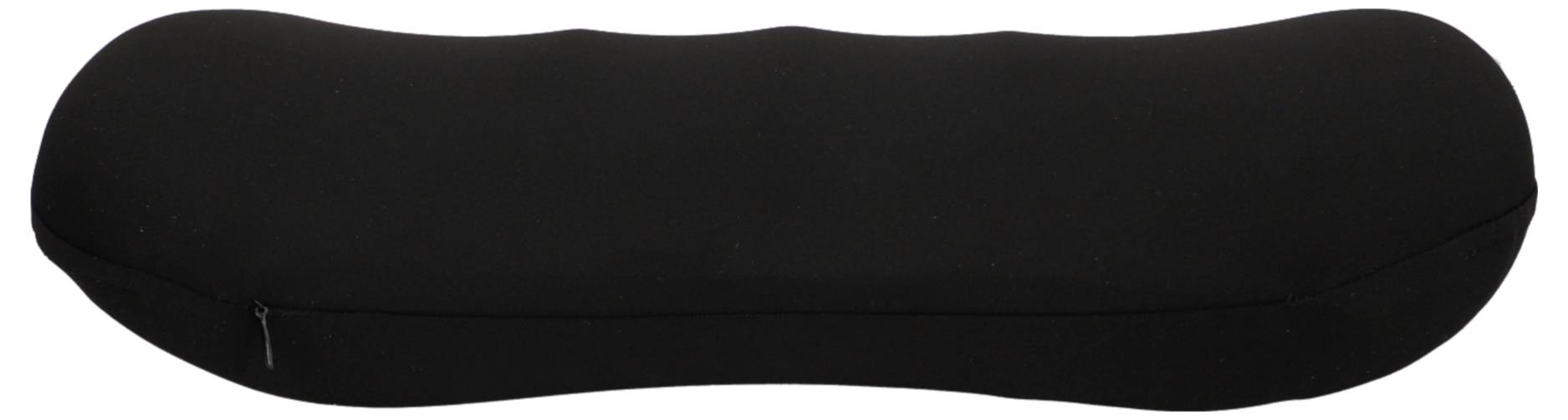 Černý, podlouhlý polštář s lehce zvlněným povrchem, vhodný pro ergonomický komfort a podporu.