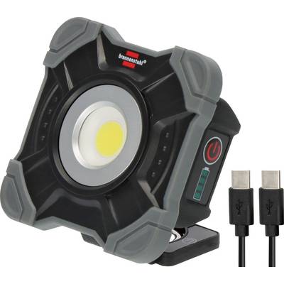 Přenosné pracovní světlo s vestavěnou LED, vypínačem napájení, indikátorem baterie, stojanem a dvěma nabíjecími kabely USB-C.