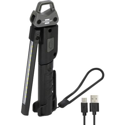 Černá dobíjecí LED pracovní světlo s rukojetí a páskem na zápěstí, zobrazeno s USB nabíjecím kabelem a zástrčkou na bílém pozadí