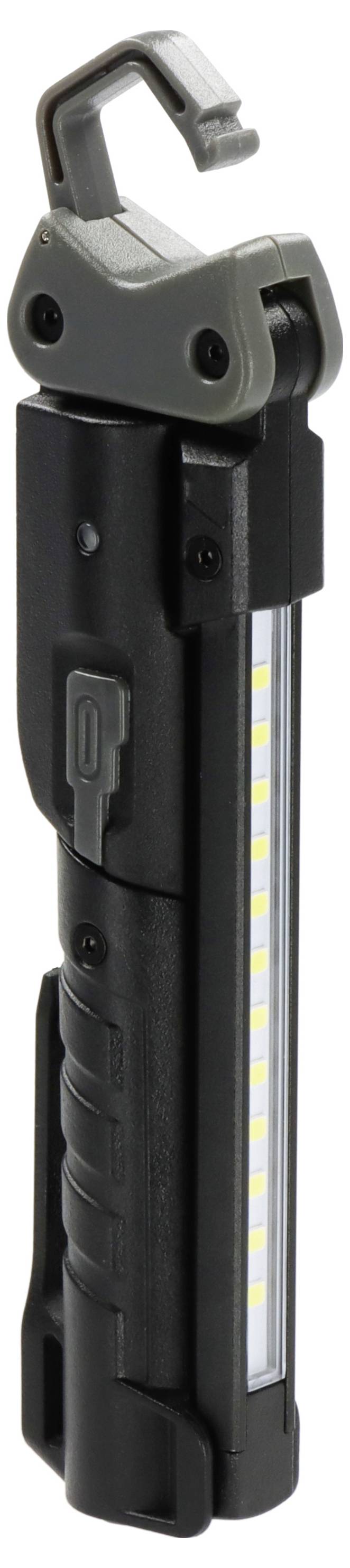 Černá přenosná LED pracovní lampa s háčkem na úchyt nahoře a postranním světelným páskem na bílém pozadí.
