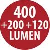 Červený kruhový štítek s bílým textem: "400 +200 +120 LUMEN"
