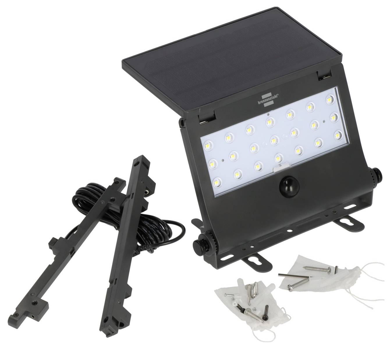 Solární LED svítidlo s regulovatelným úhlem natočení, včetně montážních držáků, kabeláže a instalačního materiálu na bílém pozadí.