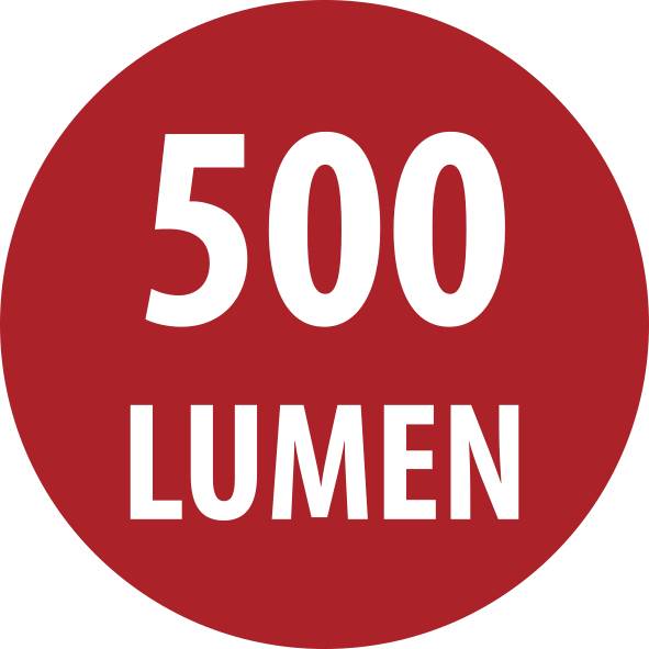 Červený kulatý odznak s bílým textem „500 LUMENŮ".