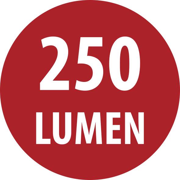 Červený kruhový odznak s bílým textem "250 LUMEN".
