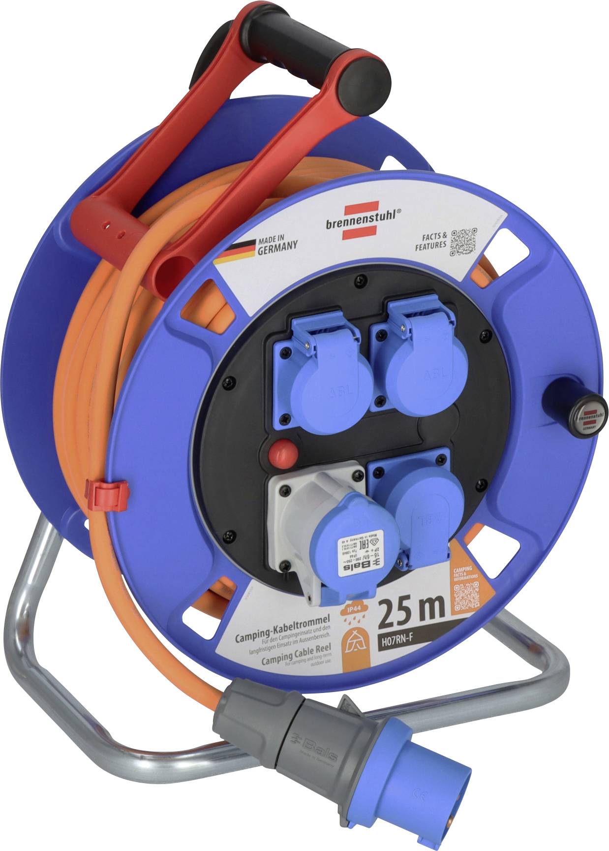 Modrý a oranžový kabel na bubnu na kovovém stojanu s více modrými elektrickými zásuvkami a štítkem 25 m campingového kabelu.