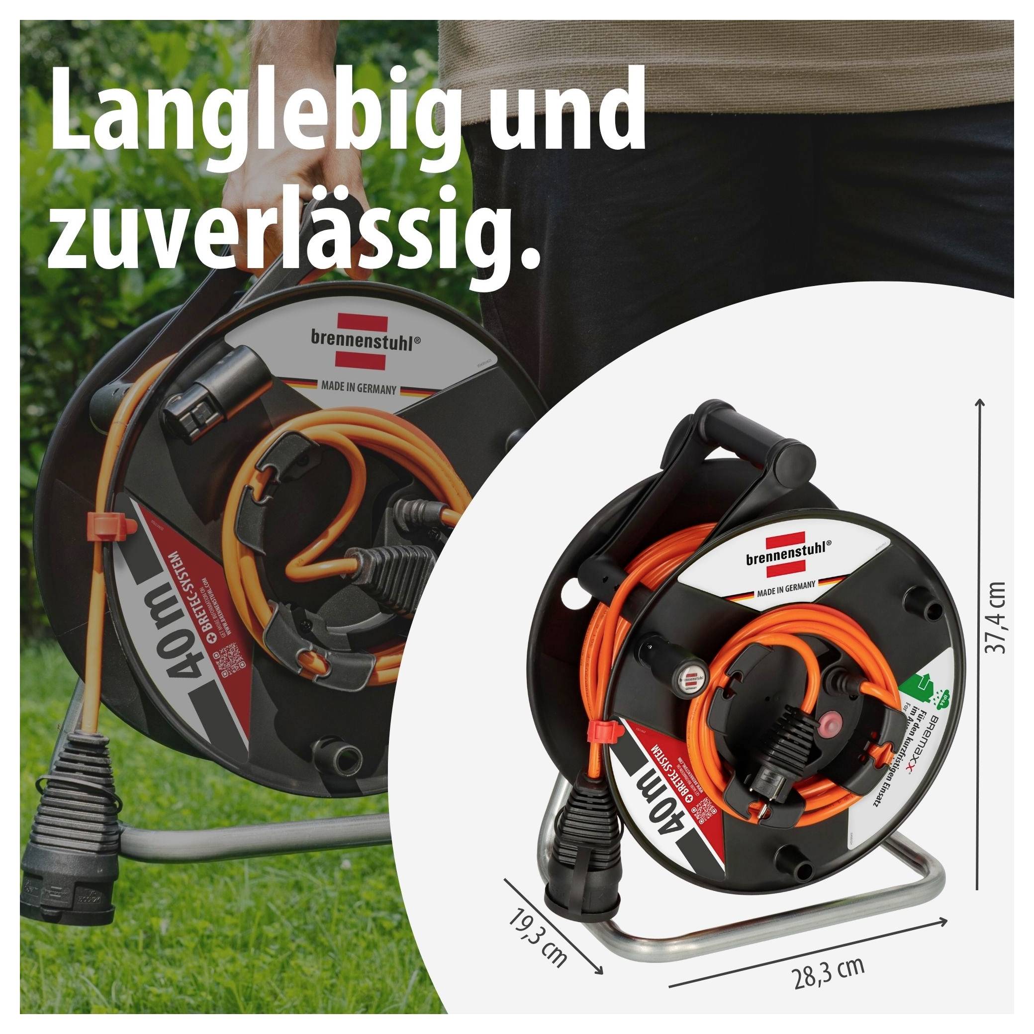 Reklamní obrázek černé kabelové cívky od značky "brennenstuhl" s oranžovým kabelem; text "Dlouhodobě odolná a spolehlivá." a rozměry 19,3 cm, 28,3 cm a 37,4 cm.