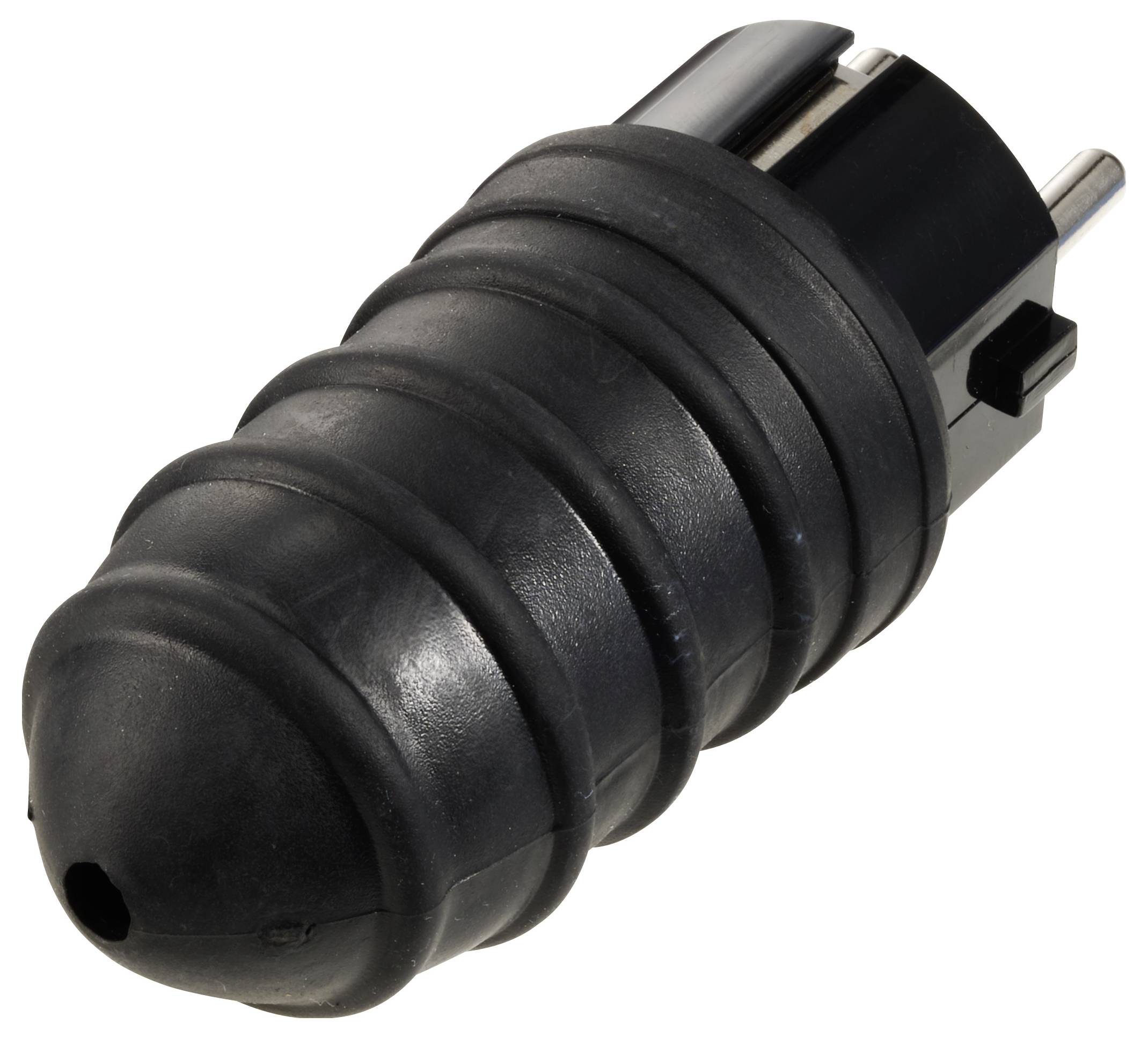 Černý adaptérový konektor s kulatým, vroubkovaným tvarem, vhodný pro elektrické přístroje, na bílém pozadí.