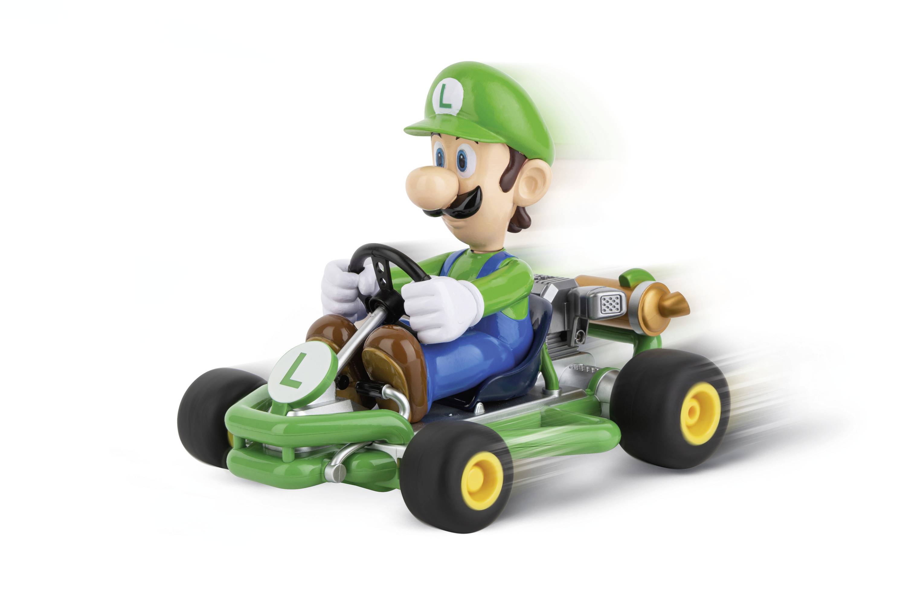 Komiksová postava v zelené čepici řídí malou zelenou motokáru, která vypadá rychle díky rozmazání kol v pohybu.