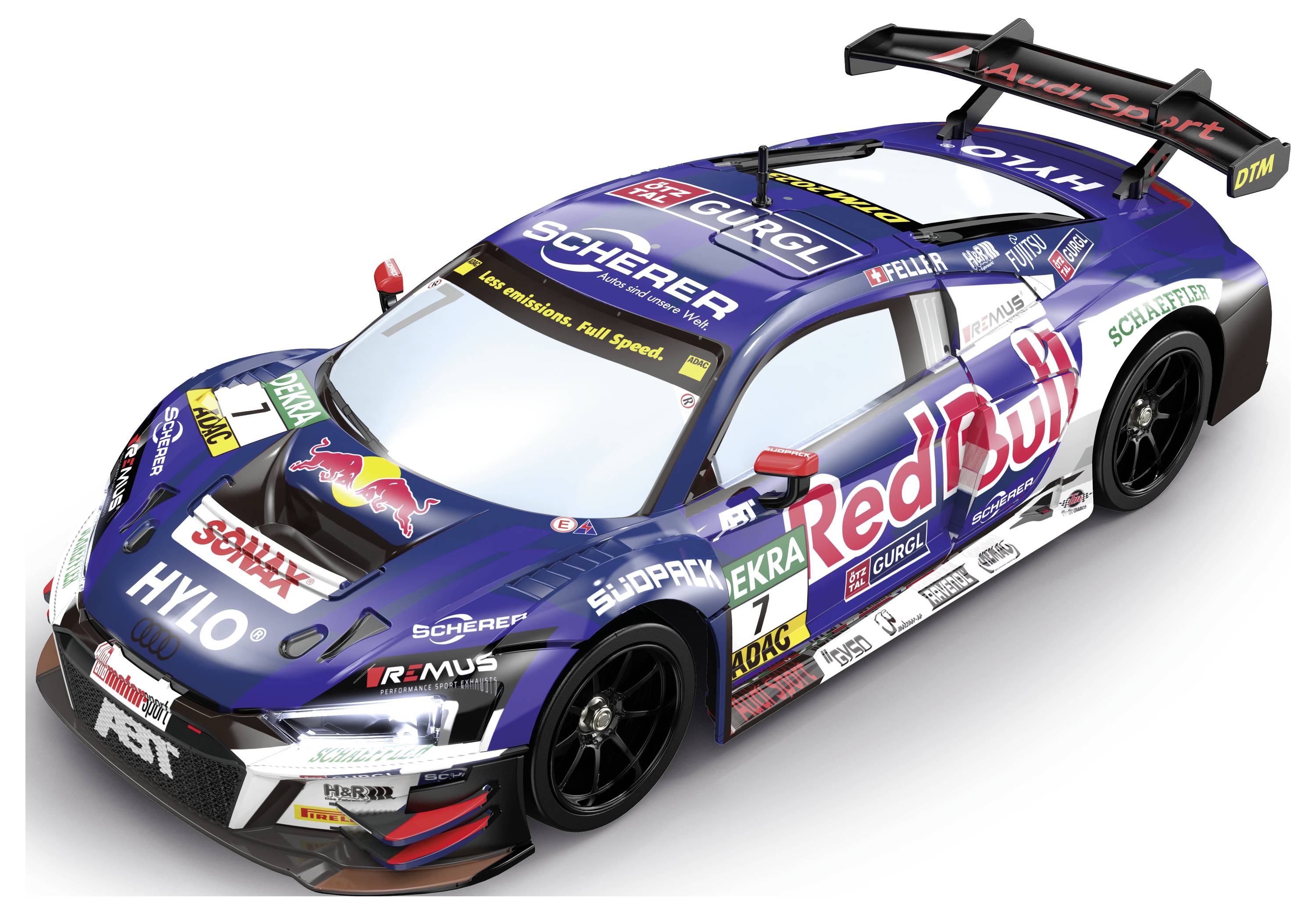 Modro-bílý závodní vůz s mnoha sponzorskými logy, včetně loga 'Red Bull'. Má výrazný spoiler a sportovní design.