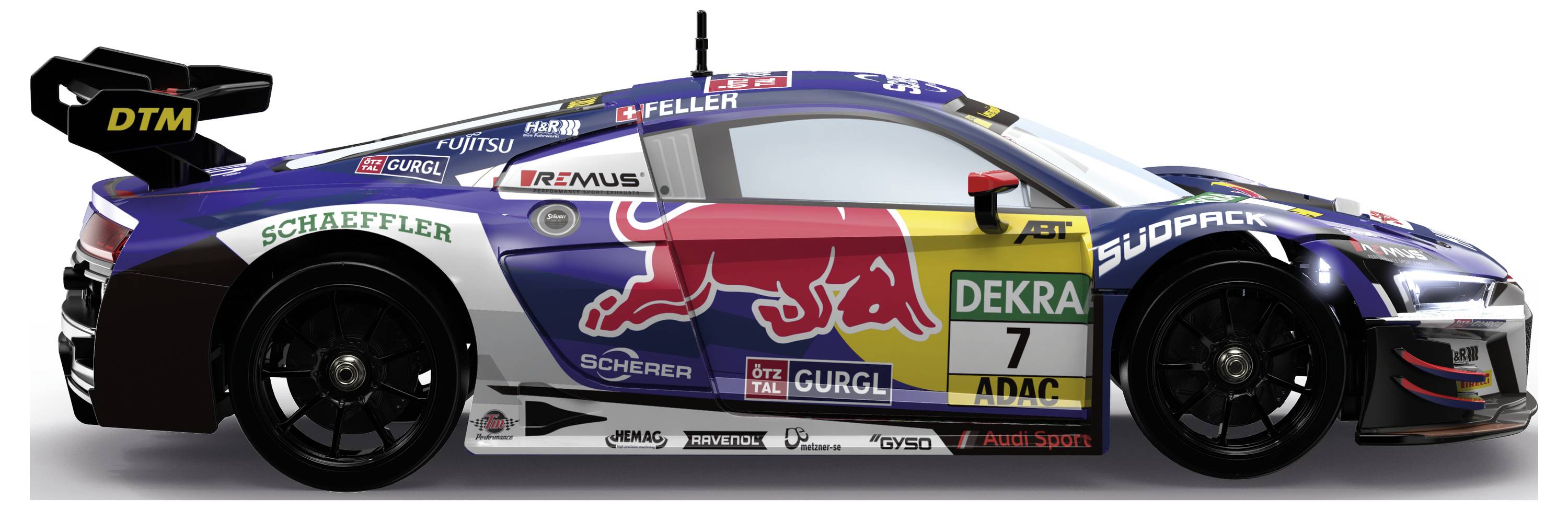 Závodní automobil s nápadnou reklamou, číslo 7, boční pohled. Samolepky značek a sponzorů dominují designu.