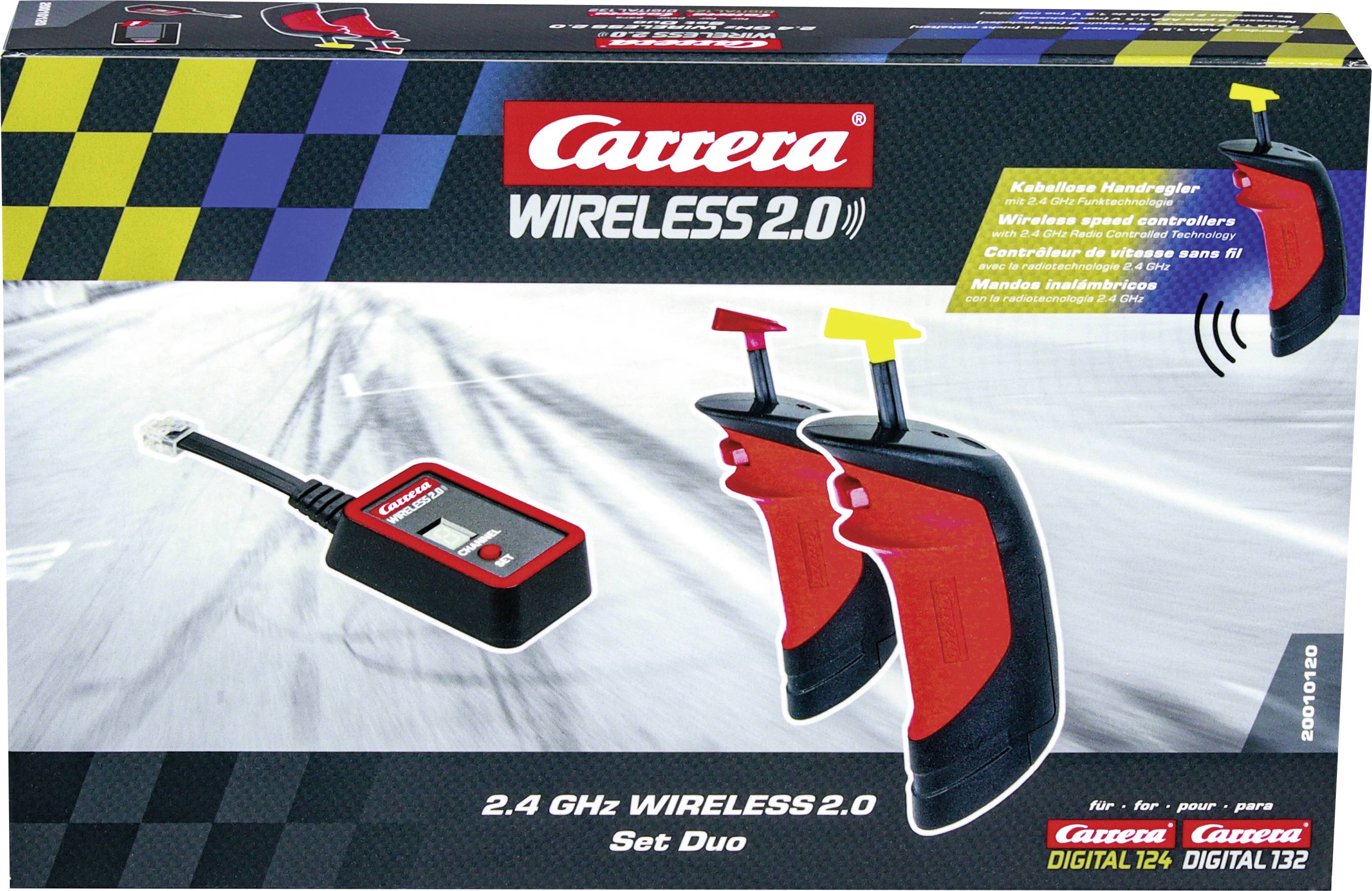 Balení sady Carrera Wireless 2.0 Duo se dvěma ručními ovladači a jedním přijímačem pro bezdrátové autíčkové závodění, technologie 2,4 GHz.