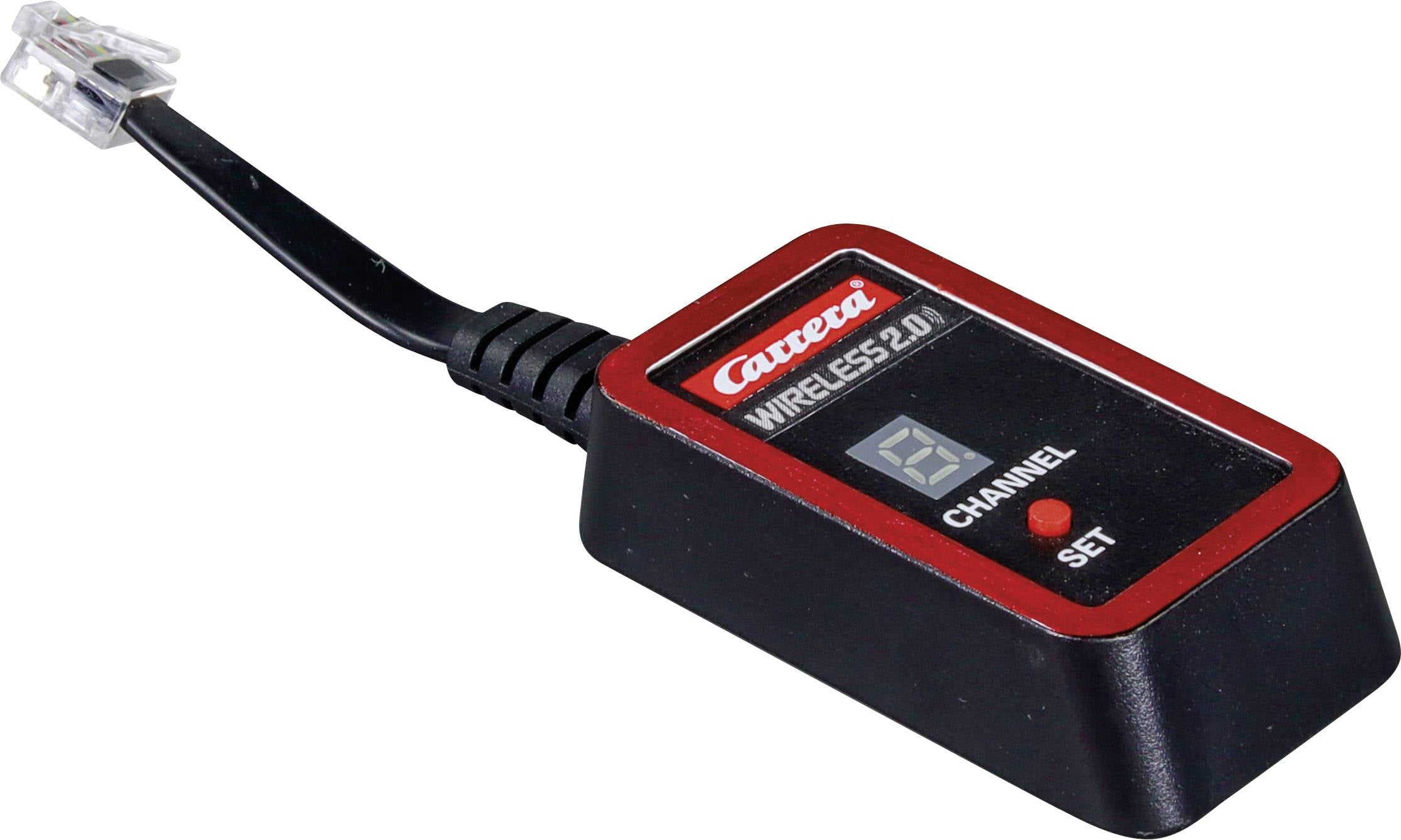 Černý Carrera bezdrátový 2,4 GHz přijímač s displejem pro výběr kanálu. K dispozici je červené tlačítko pro nastavení kanálů.