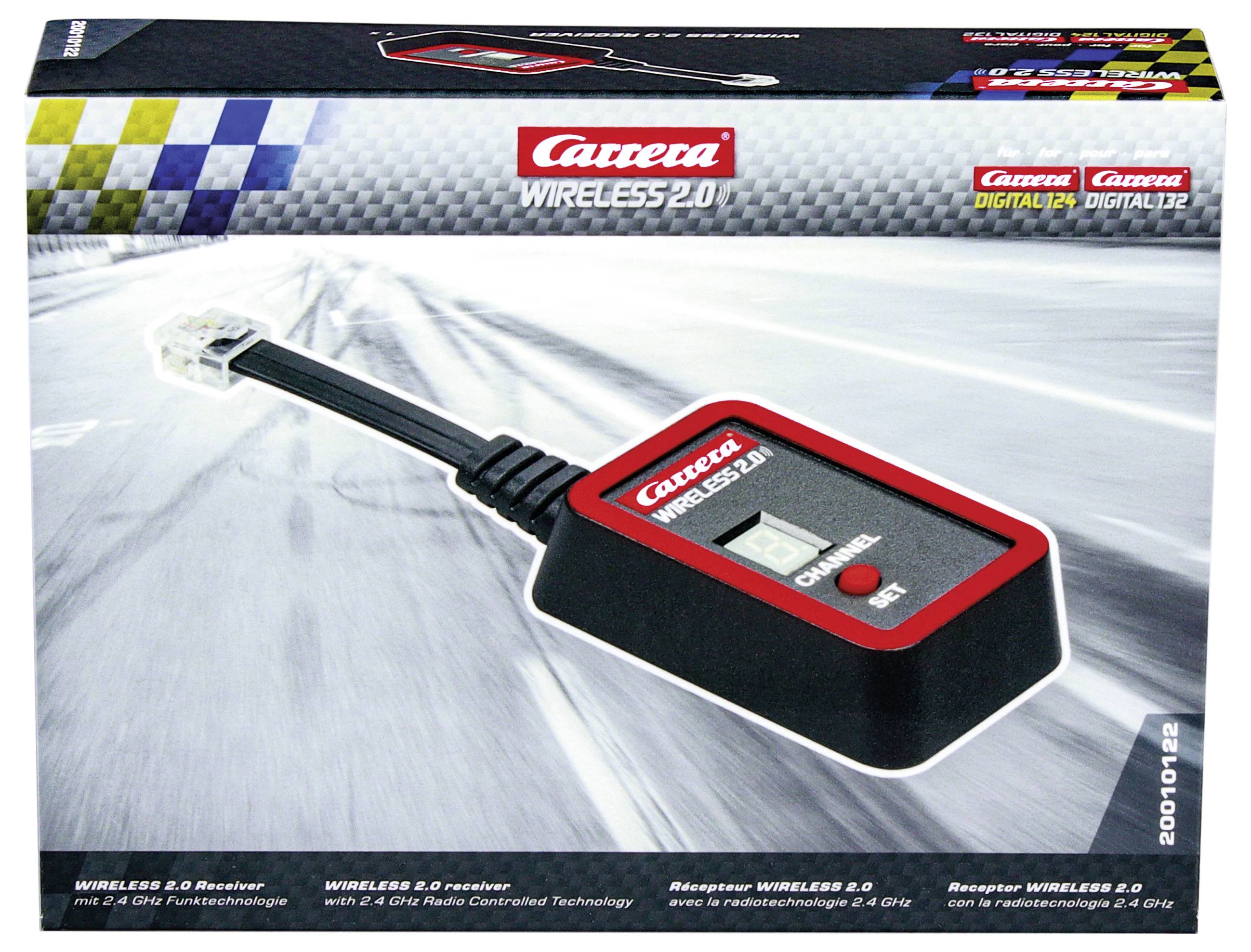 Přijímač 'Carrera Wireless 2.0', obal produktu, zobrazuje obrázek produktu. Obsahuje bezdrátový přijímací modul 2,4 GHz pro autodráhy Carrera.