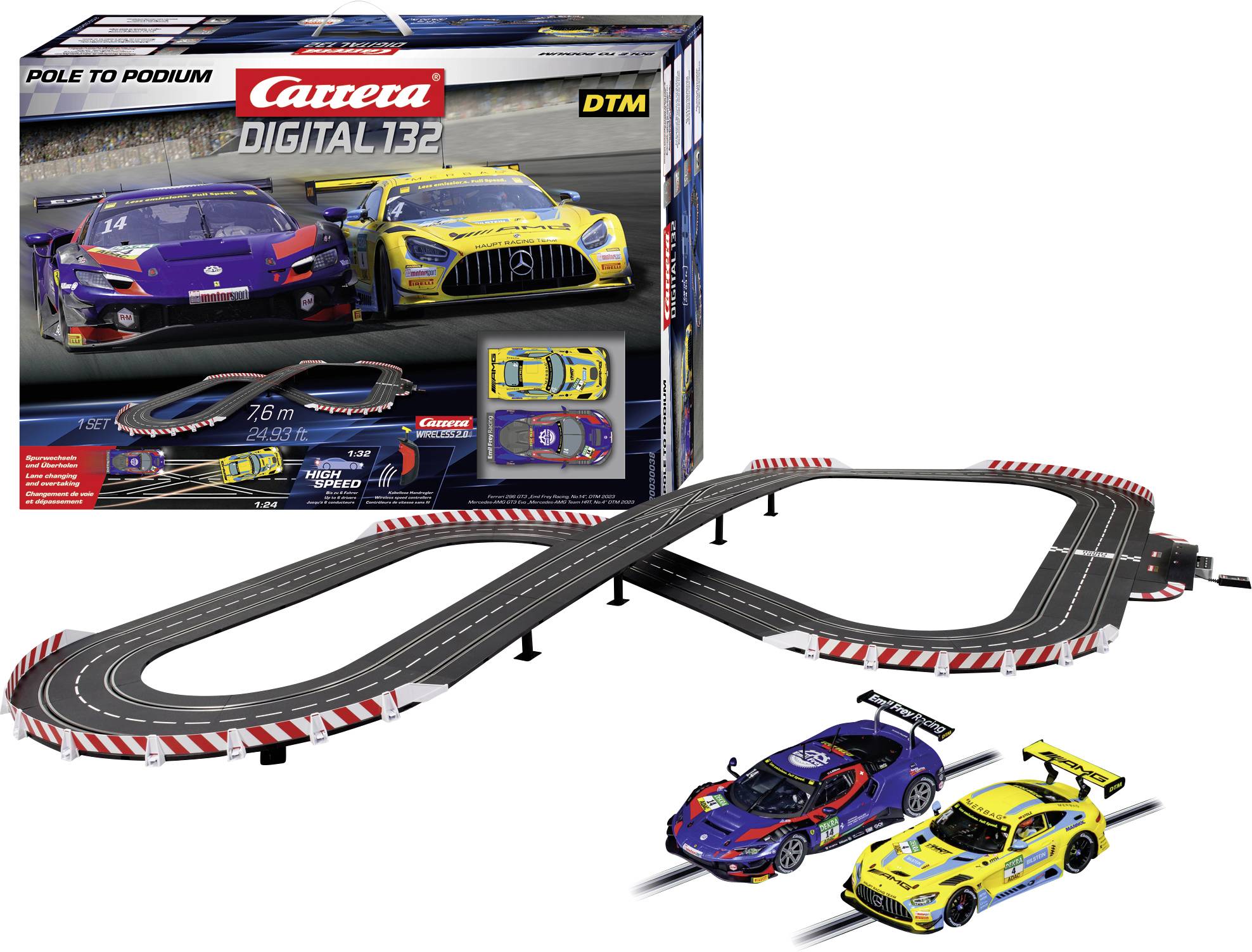 Sada Carrera Digital 132 s tratí a dvěma závodními vozy DTM. Obal zobrazuje design závodních vozů a rozložení tratě.