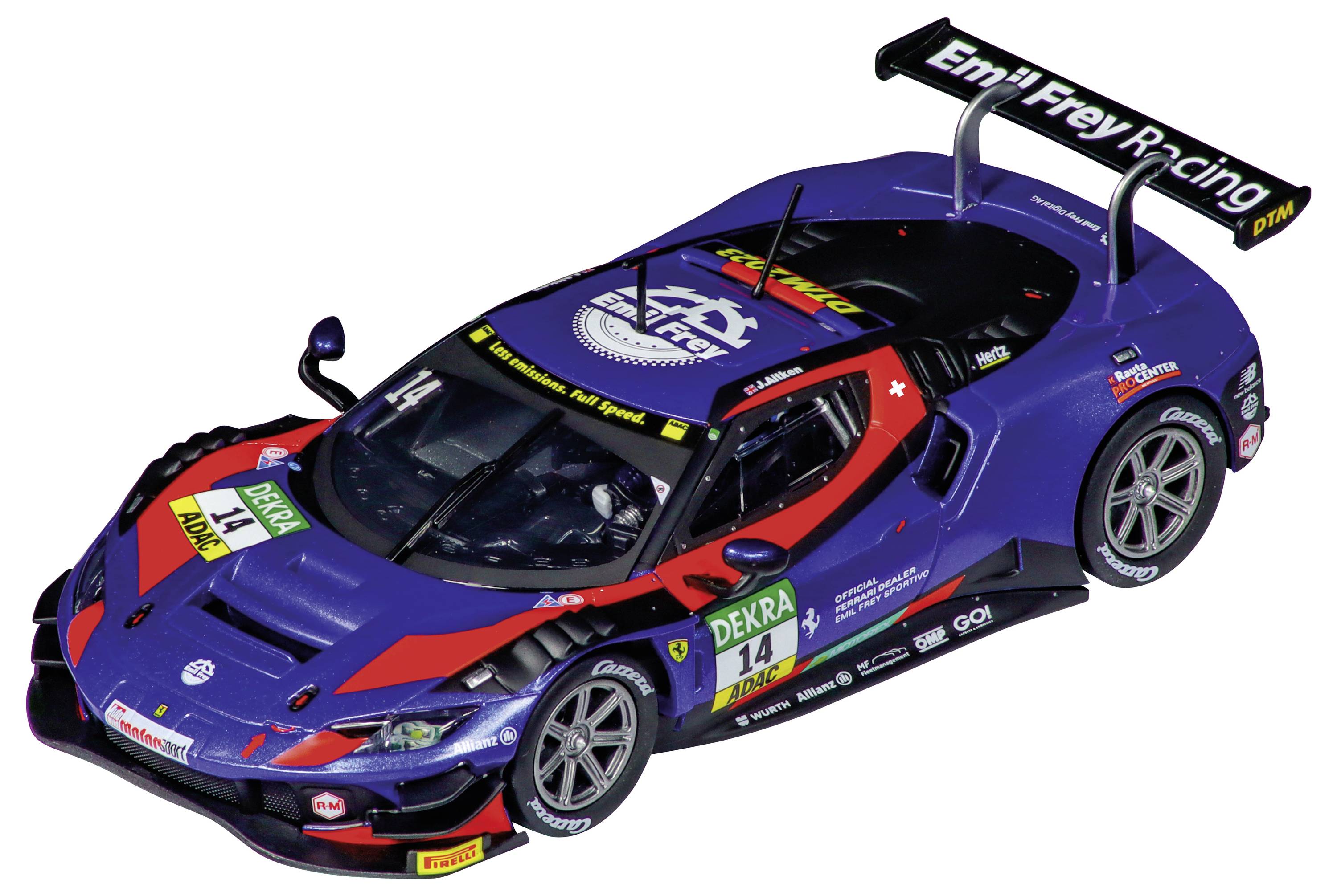 Modrý závodní vůz s červenými akcenty, nápis 'Emil Frey Racing' na zadním křídle. Startovní číslo 14, viditelná loga sponzorů.
