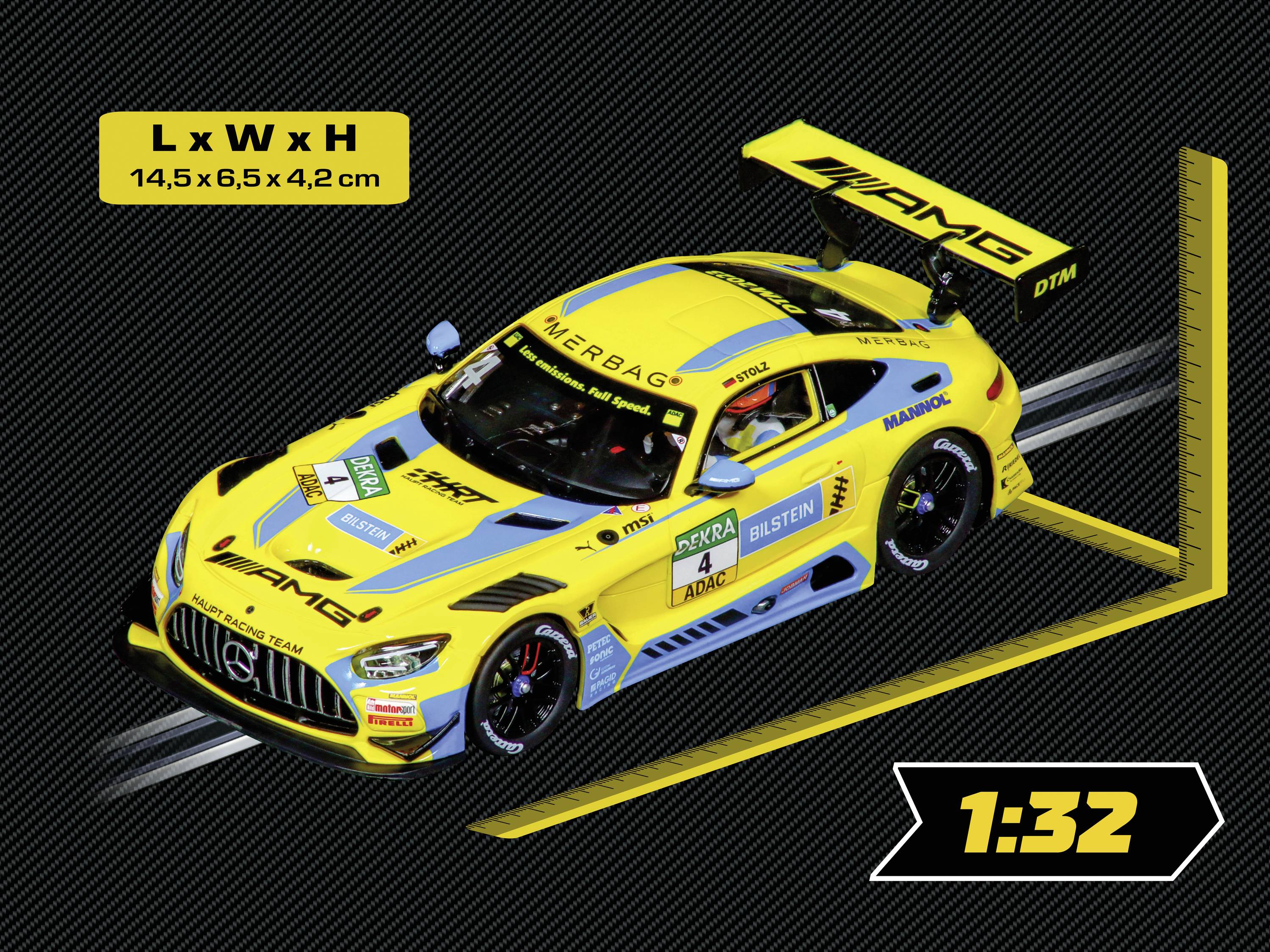 Model auta v měřítku 1:32, Mercedes-AMG v žluto-modrém závodním designu, znázorněný s rozměry 14,5 x 6,5 x 4,2 cm.