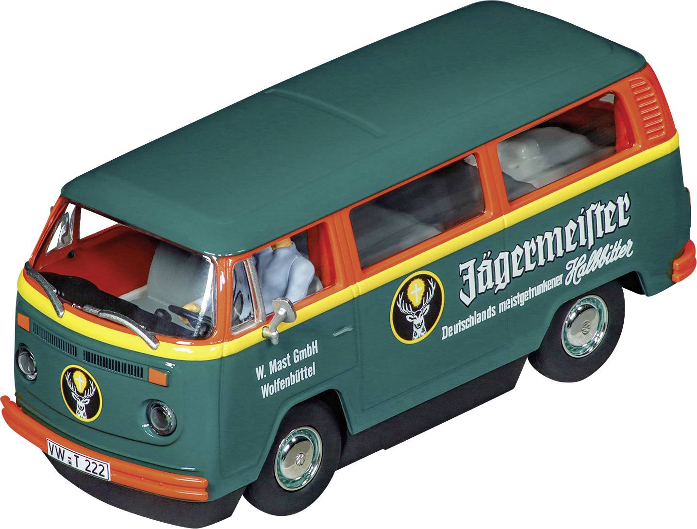 Zelený VW autobus s reklamou Jägermeister, žluto-oranžový na střeše. Nápis: 'Nejoblíbenější bylinný likér v Německu'.