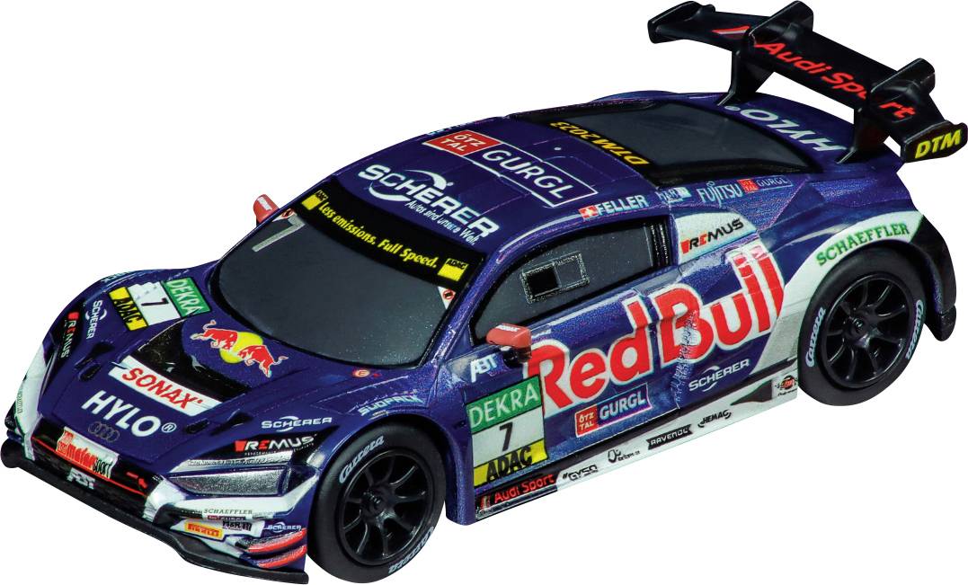 Tmavě modrý závodní vůz s reklamou 'Red Bull' a 'Audi Sport'. Nálepky sponzorů jsou umístěny na karoserii.