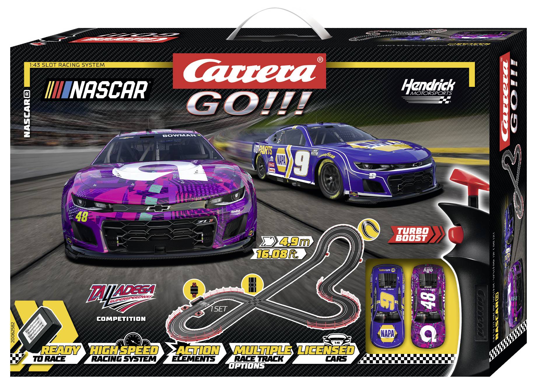 Sada NASCAR závodní dráhy se dvěma licencovanými auty v barvách fialové a modré, Carrera GO!!!, délka tratě 4,9 m, pro vysokorychlostní závody.