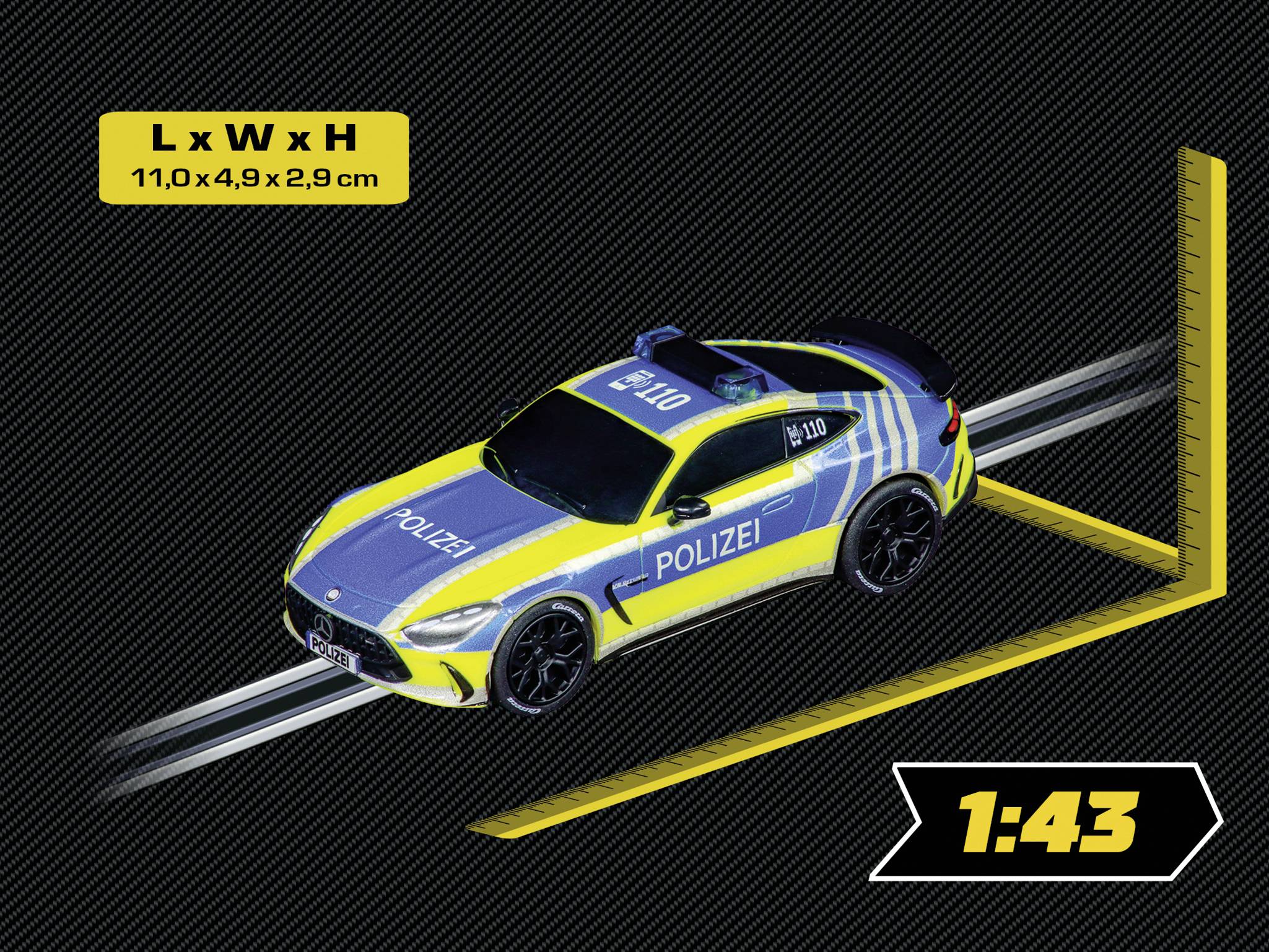 Hračkářské auto v měřítku 1:43, navržené jako policejní vozidlo s modrými a žlutými pruhy. Rozměry: 11,0 x 4,9 x 2,9 cm.