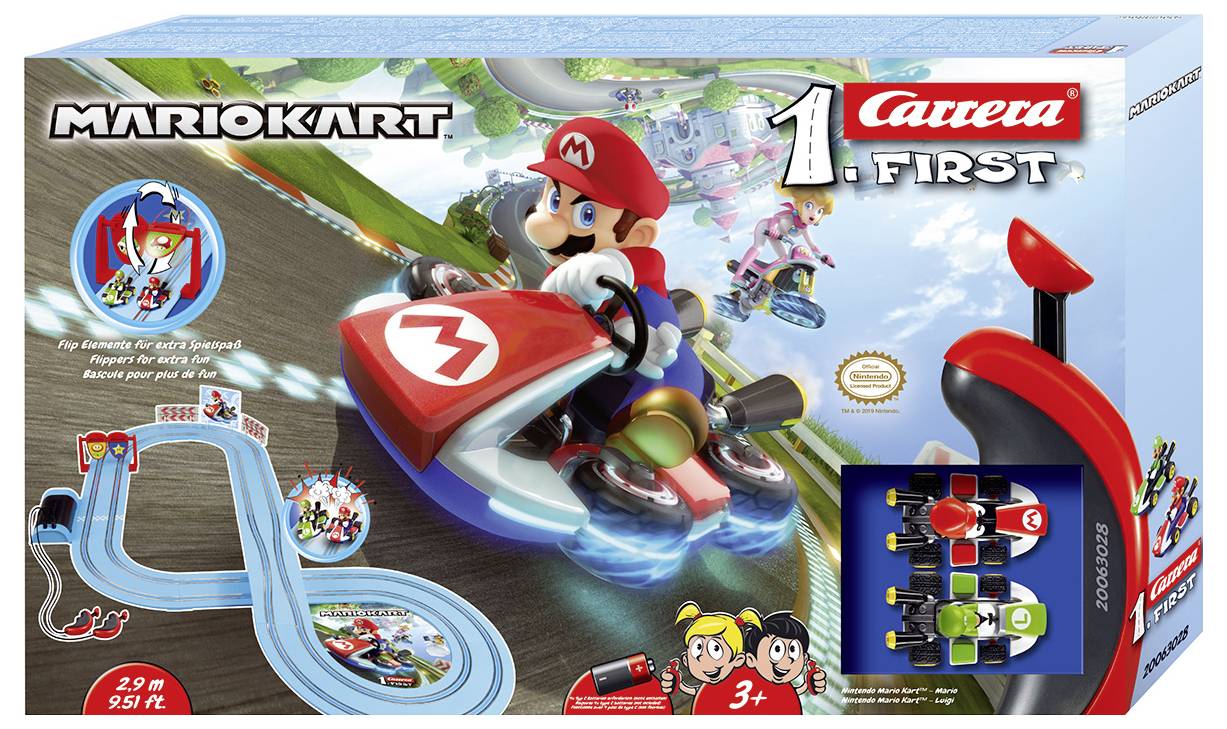 Hračkářská krabice 'Mario Kart Carrera First' pro děti od 3 let. Na obalu: Mario v motokáře, design tratě a ovladač.