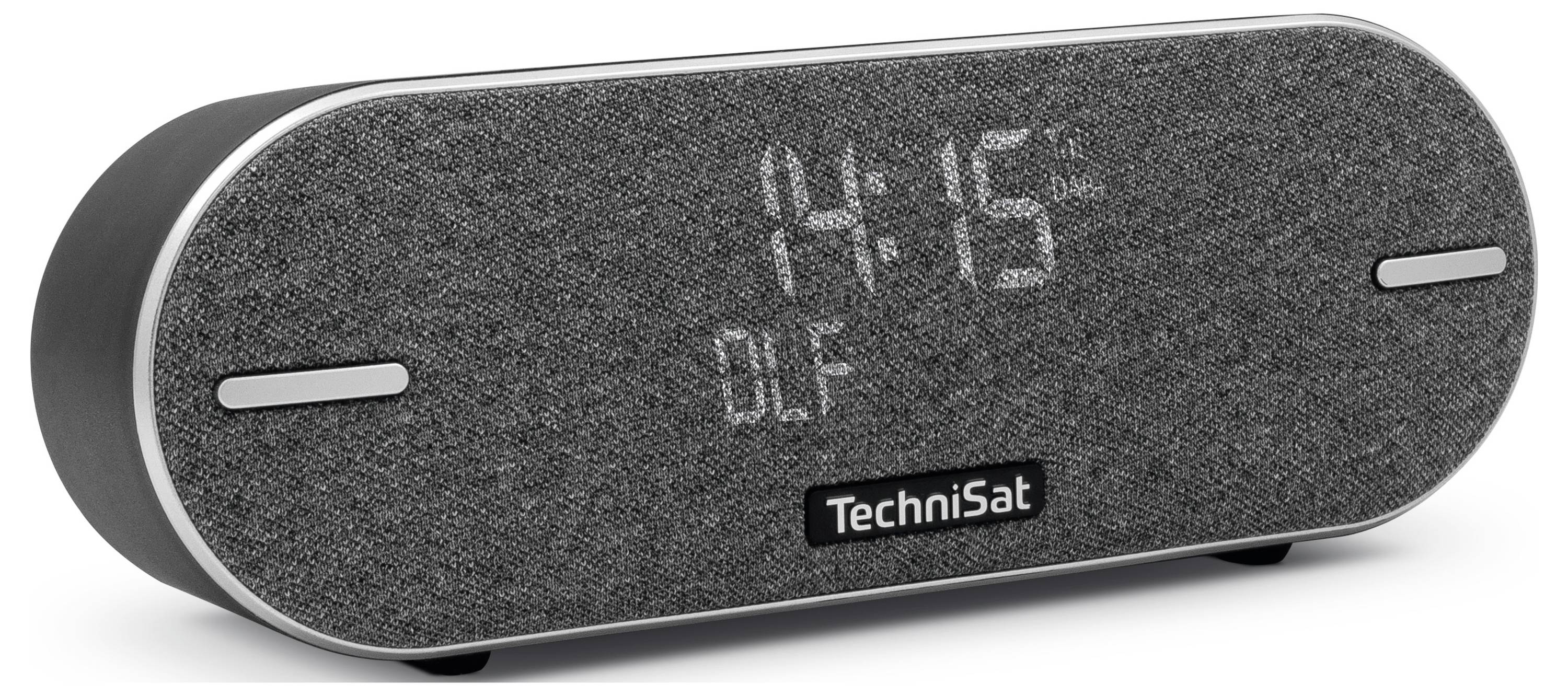Digitální rádiobudík zobrazuje čas '14:15' a stanici 'DLF'. Tělo přístroje je z šedé látky s logem TechniSat.