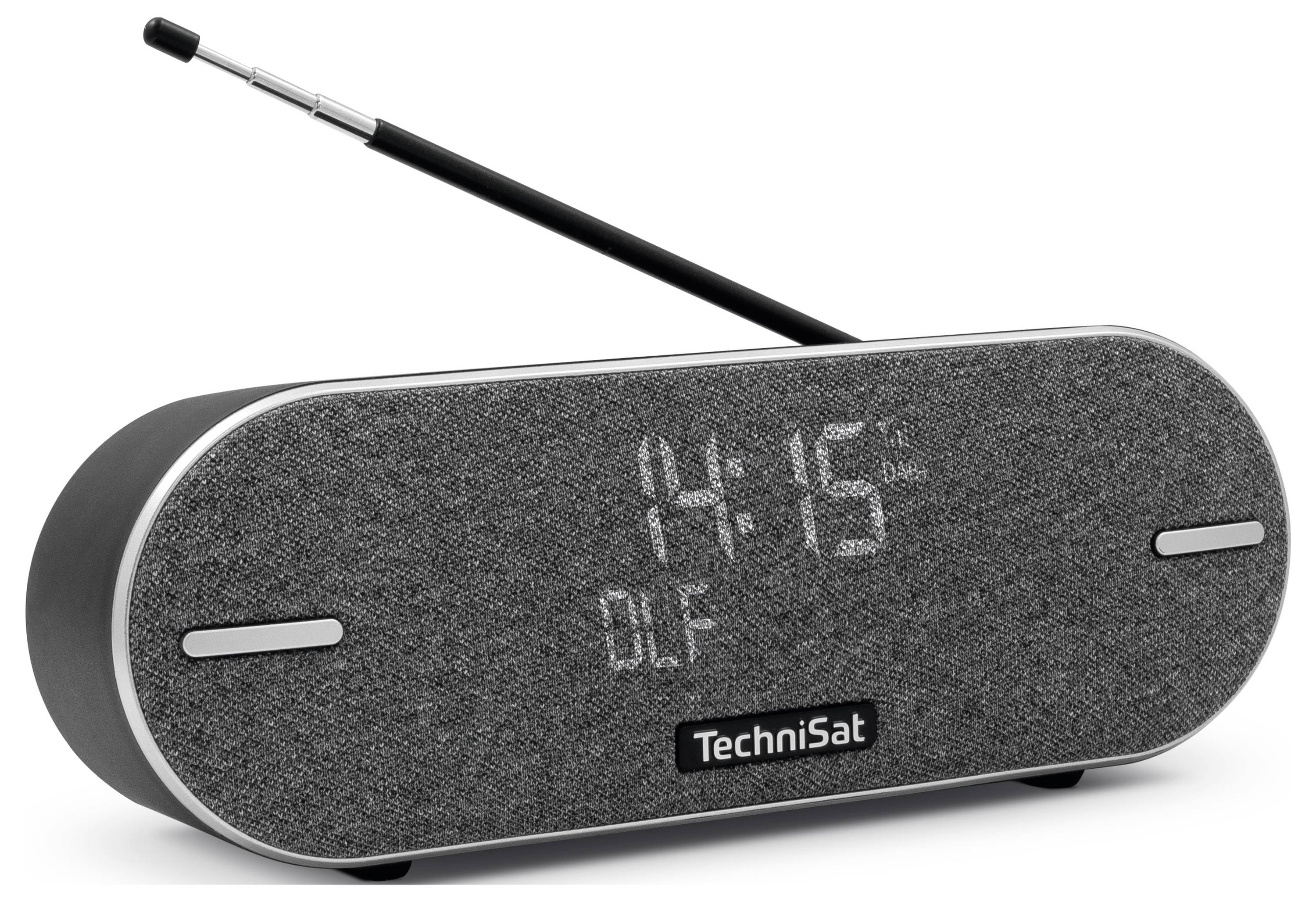 Digitální rádiobudík značky TechniSat zobrazuje čas 14:15 a rozhlasovou stanici DLF na šedém displeji.