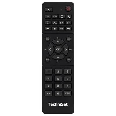 Černálka dálkového ovládání od TechniSatu s tlačítky pro zapnutí/vypnutí, menu, hlasitost, čísla, OK a navigační šipky.