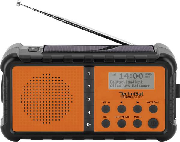 TechniSat TECHNIRADIO SOLAR 2 0000/3996 stolní rádio, DAB+, FM, USB, Solární panel, Ruční klika, stolní lampa, s akumulátorem, voděodolné, Oranžovočerná