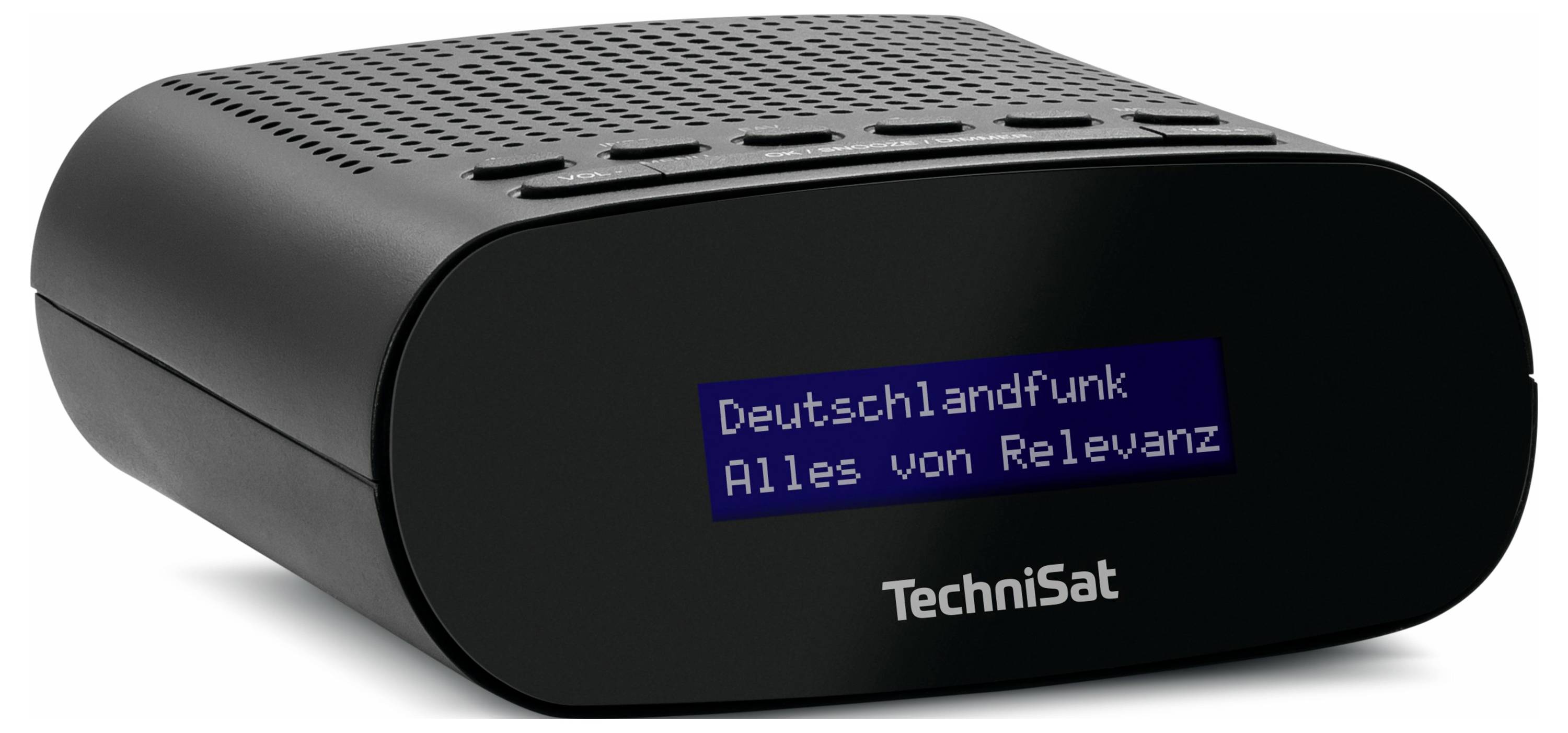 Černé digitální rádio s displejem zobrazuje 'Deutschlandfunk – Vše podstatné'. Horní panel tlačítek, moderní design.
