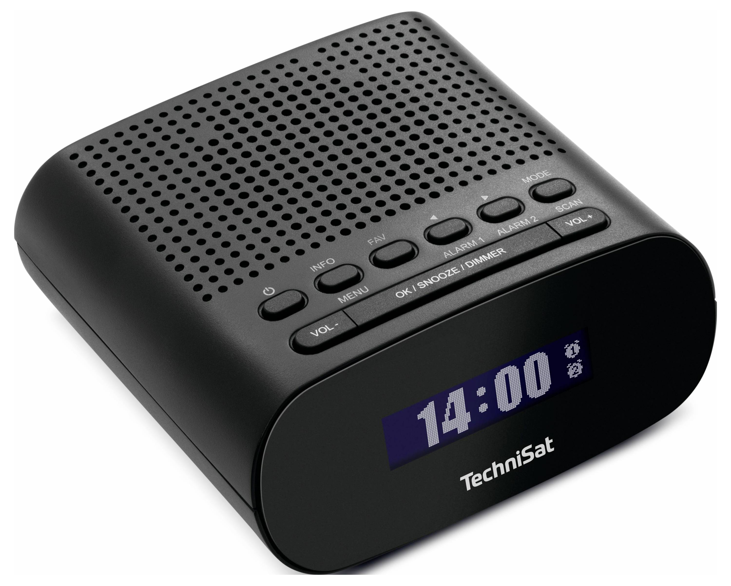 Černý digitální radiopřijímač s budíkem zobrazuje 14:00 na LED displeji. Má tlačítka pro nastavení hlasitosti a budíku.