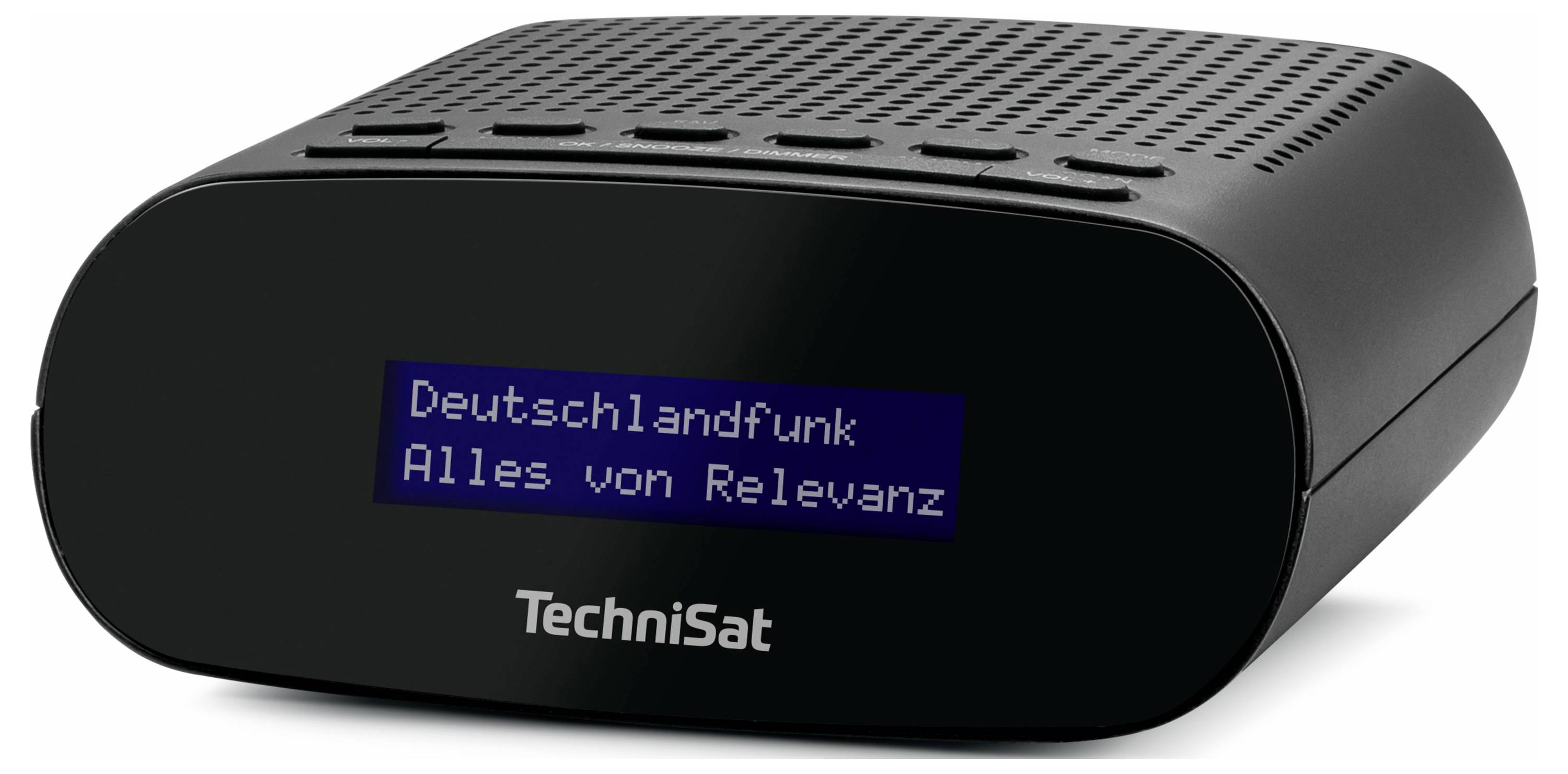 Černé rádio značky TechniSat zobrazuje na displeji: 'Deutschlandfunk - Vše podstatné'.