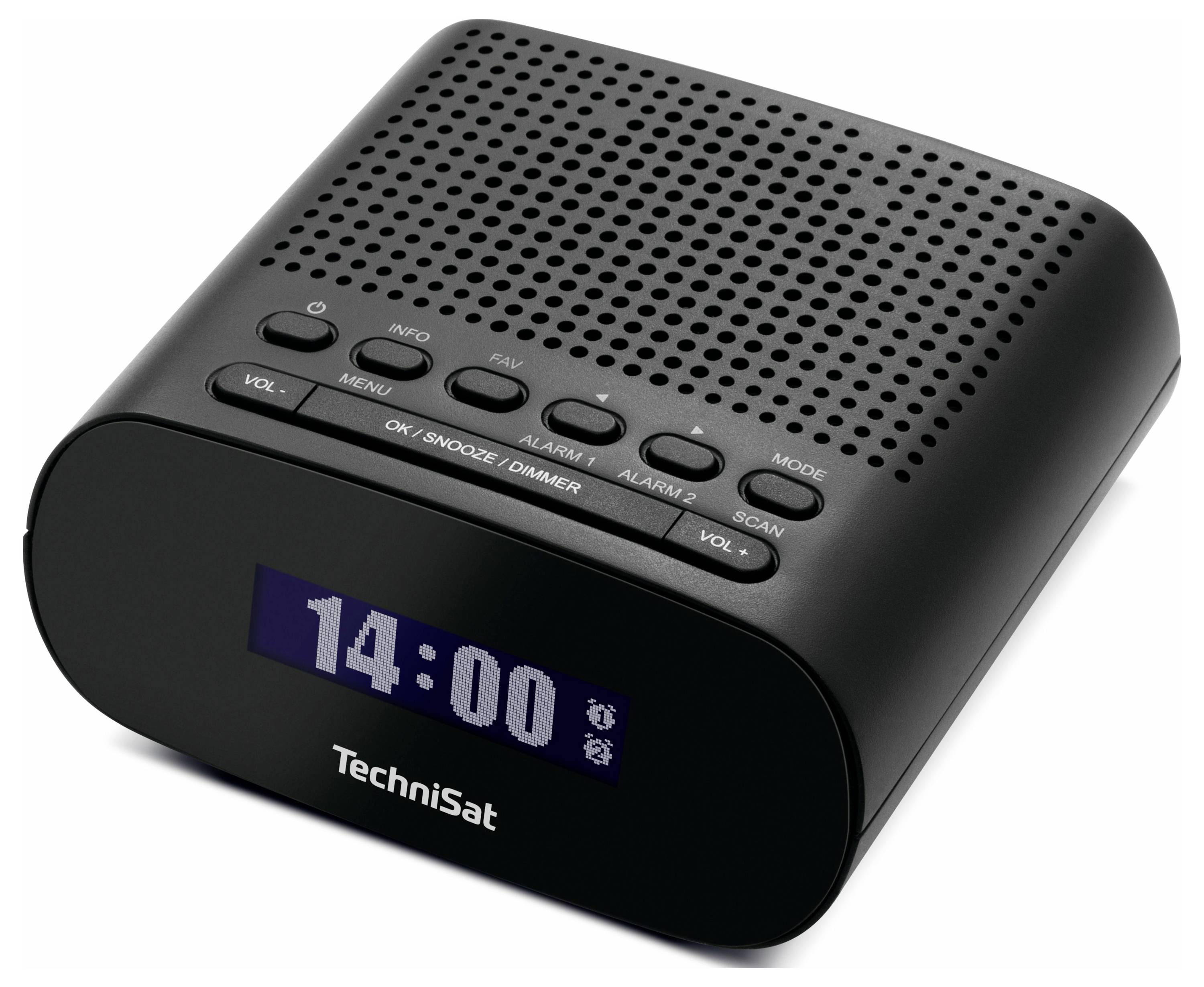 Černé digitální rádio s displejem ukazuje '14:00'. Tlačítka nahoře jsou pro hlasitost, menu, odložení buzení, budík a vyhledávání stanic.