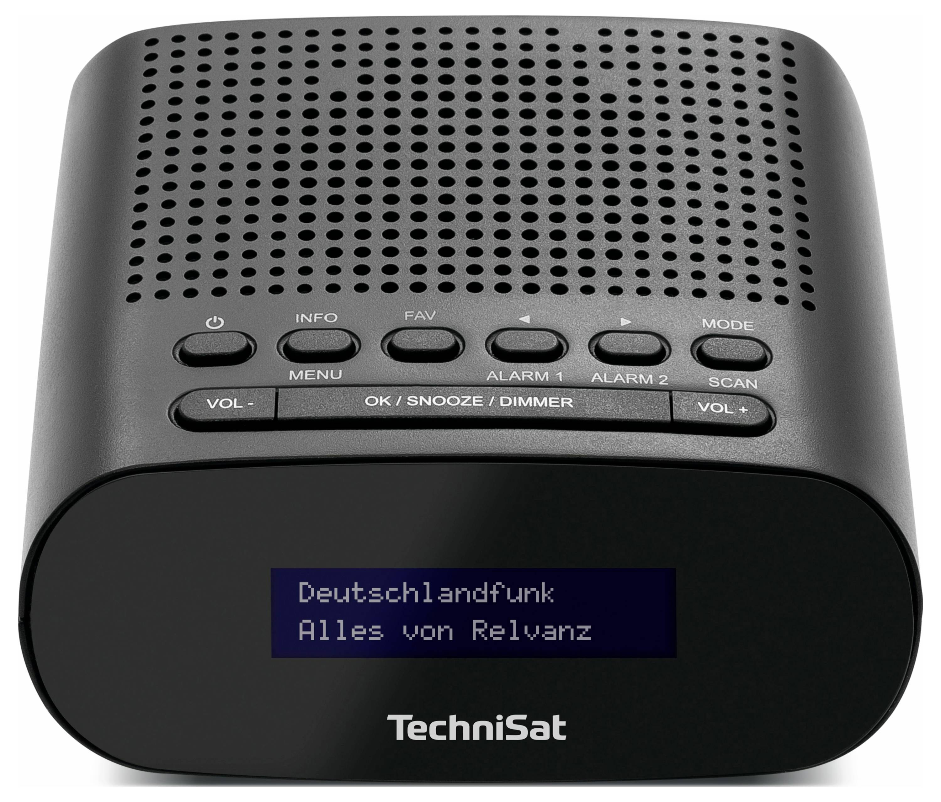 Černé digitální rádio s displejem zobrazuje 'Deutschlandfunk' a 'Vše podstatné'. Nahoře jsou ovládací tlačítka.