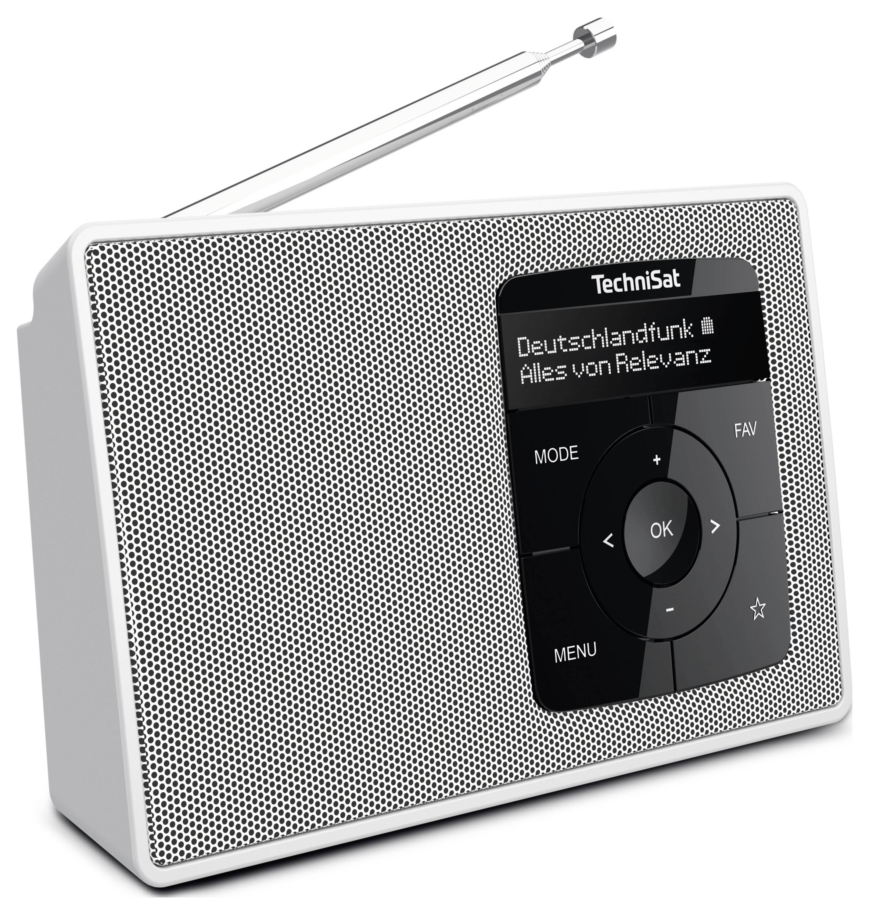 Přenosné digitální rádio s anténou zobrazuje na displeji stanici 'Deutschlandfunk' a titul 'Alles von Relevanz'.