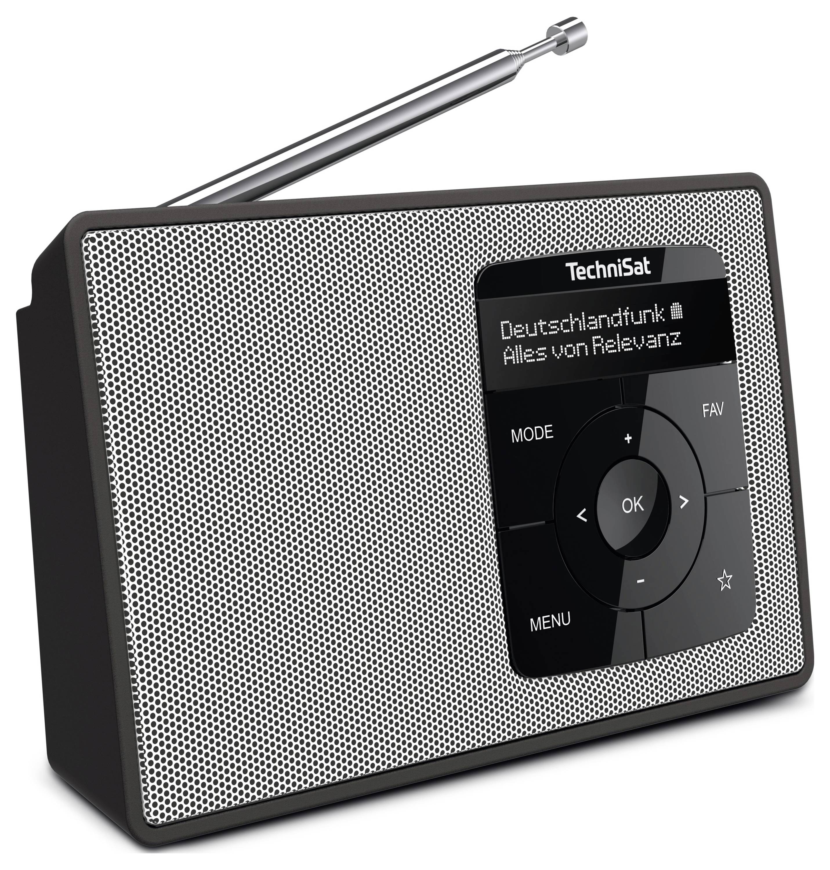 Přenosné rádio s anténou. Na displeji je zobrazen stanice 'Deutschlandfunk' a titul 'Alles von Relevanz'. Jsou viditelné ovládací tlačítka.