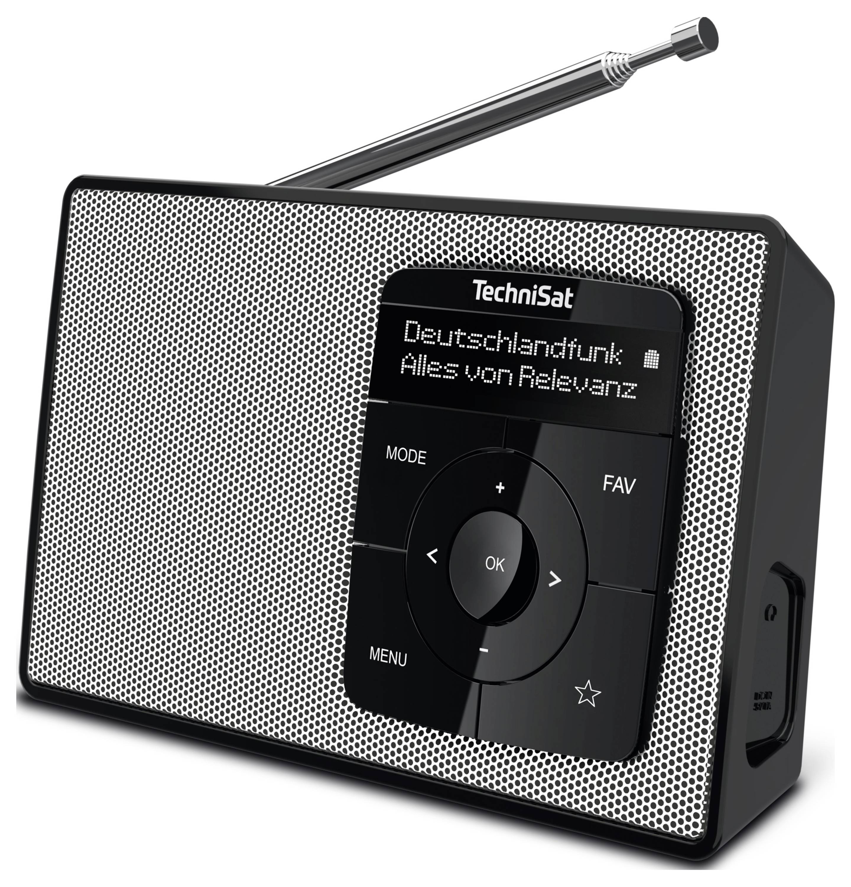 Přenosné rádio s textovým displejem 'Deutschlandfunk - Vše podstatné'; stříbrno-černý design s anténou.