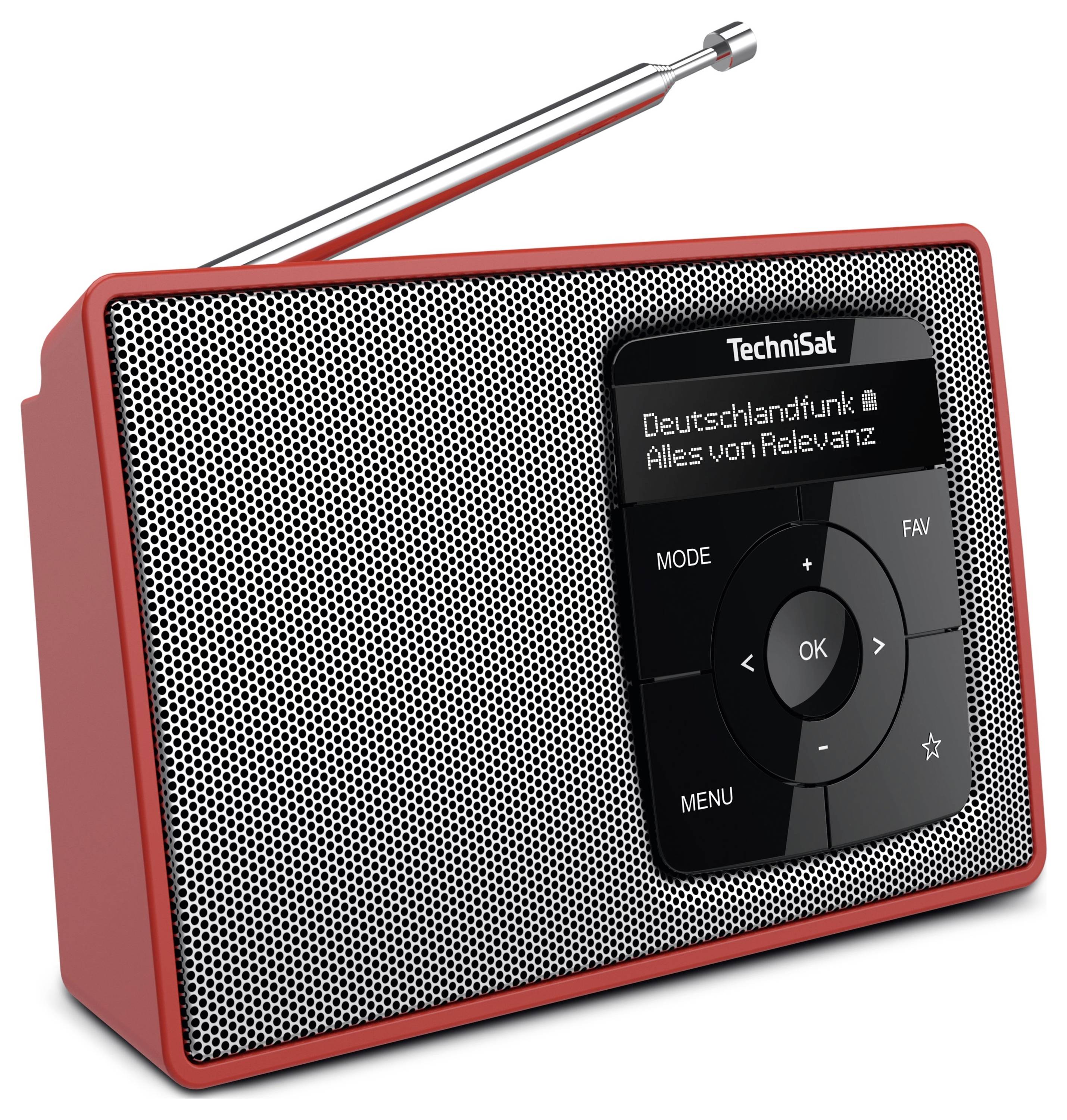 Červené přenosné rádio s anténou. Na displeji je zobrazeno 'Deutschlandfunk' a 'Vše podstatné'. Ovládací tlačítka jsou umístěna na přední straně.