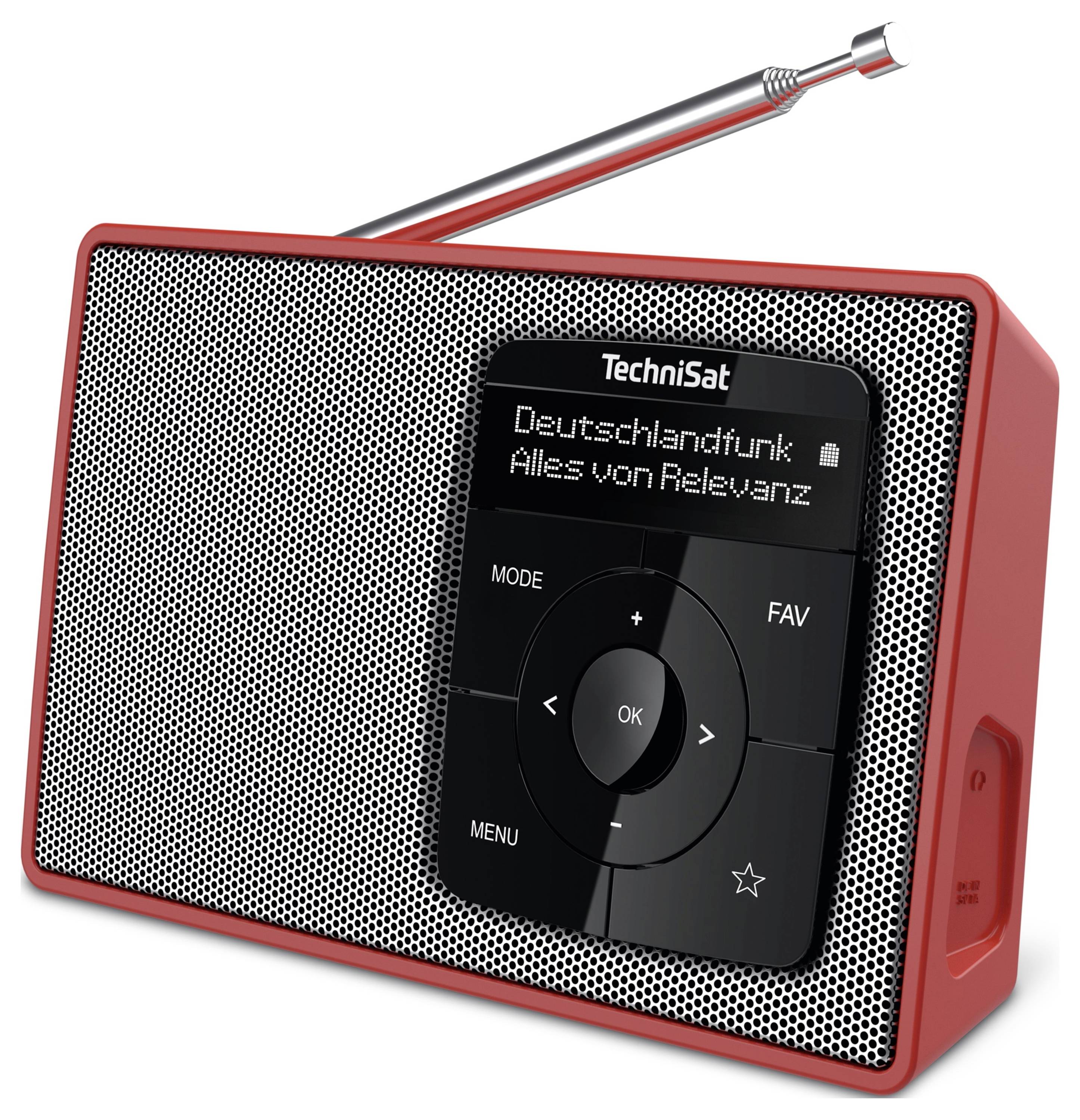 Červené přenosné rádio s displejem zobrazujícím 'Deutschlandfunk: Vše podstatné', reproduktor na levé straně, černý ovládací panel.