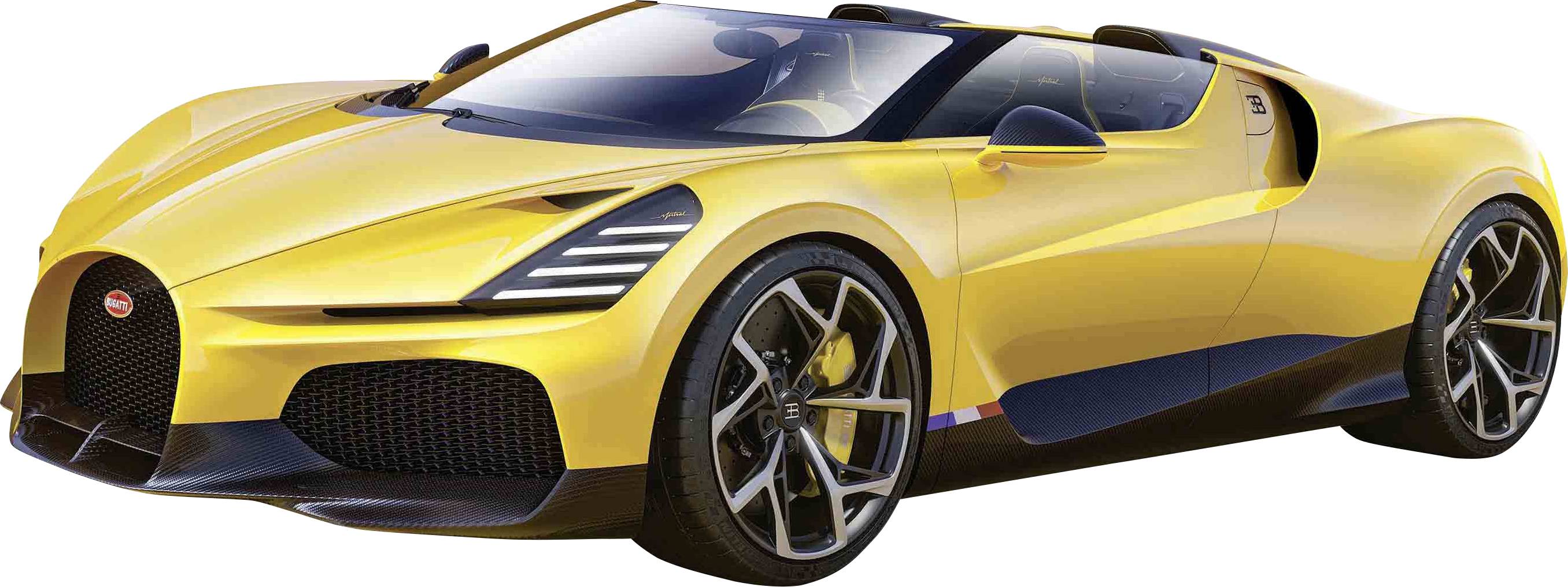 Žluté sportovní kabriolet s aerodynamickým designem a otevřenou střechou. Zaměření na stylizované přední světlomety a výrazná kola.