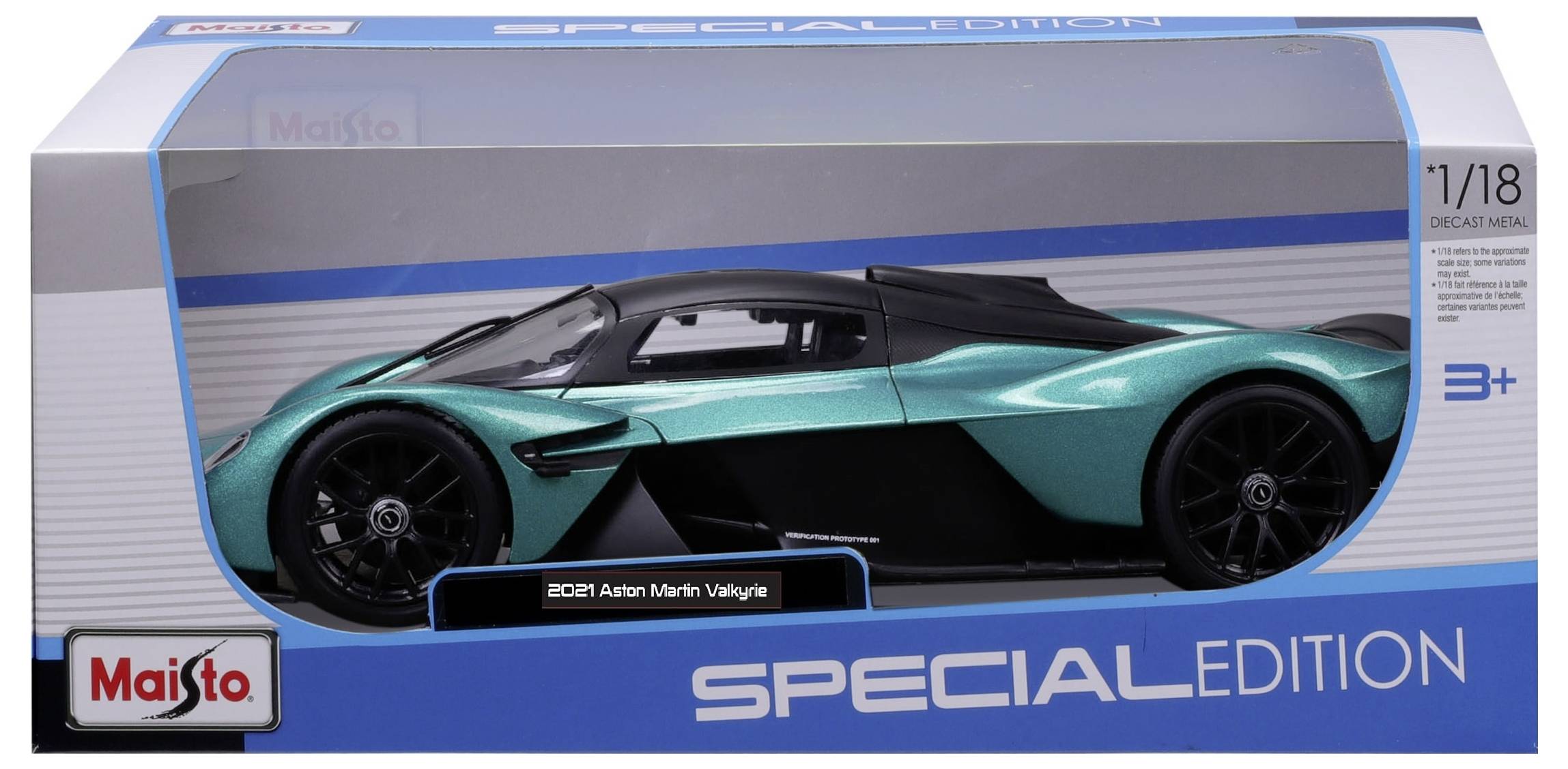 Model auta '2021 Aston Martin Valkyrie', měřítko 1:18, v originálním balení, tyrkysové barvy, vhodné pro děti od 3 let.