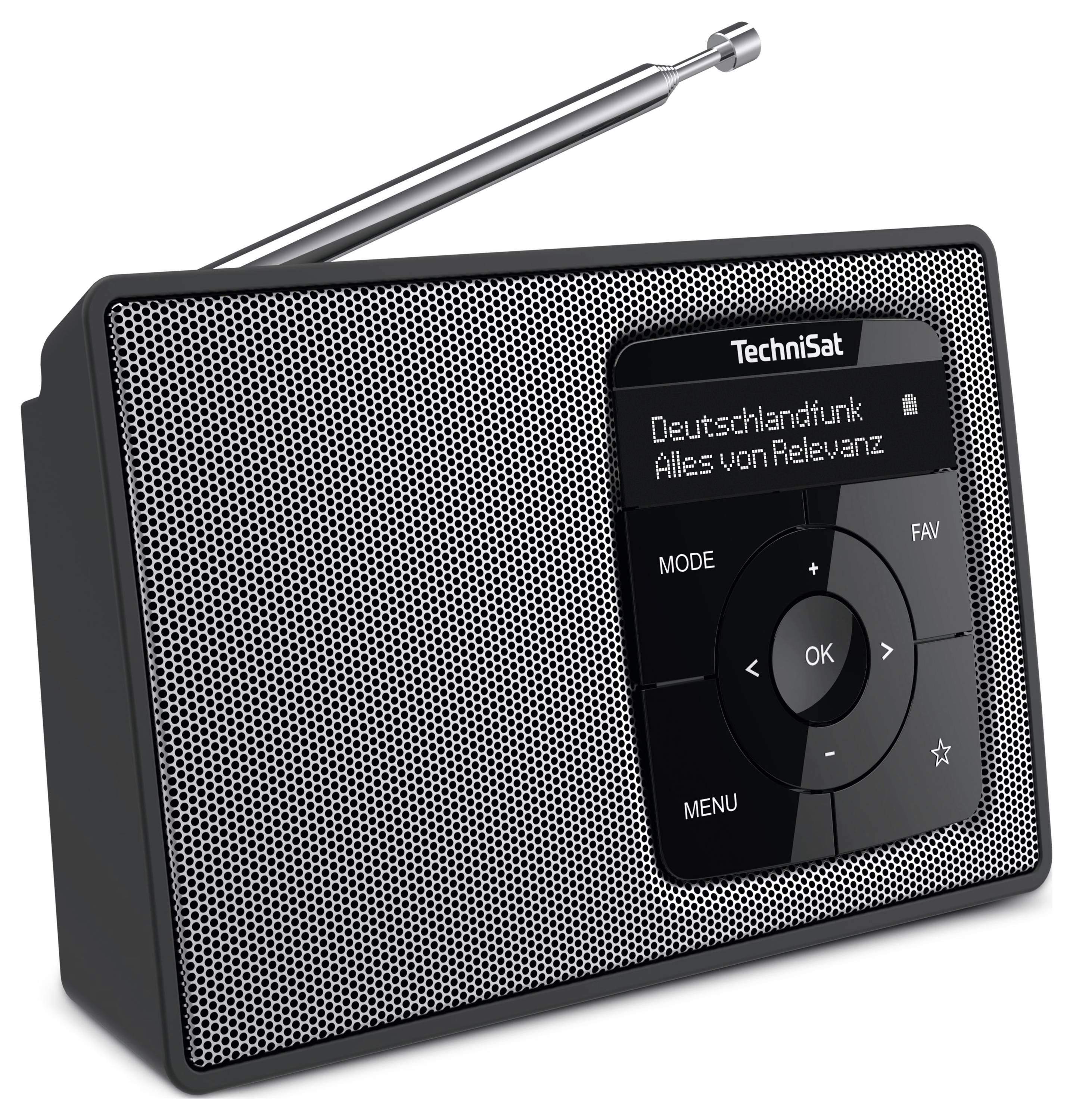 Přenosné černé rádio s vysouvací anténou. Na displeji je zobrazeno 'Deutschlandfunk' a 'Vše podstatné'.