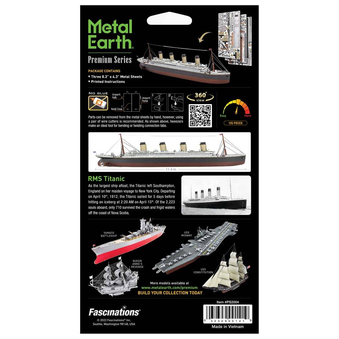'Metal Earth Premium Series Titanic.' Kovový modelářský set bez lepidla, obsahuje kovové desky a návod. Historické zobrazení lodi a detaily k sestavení.