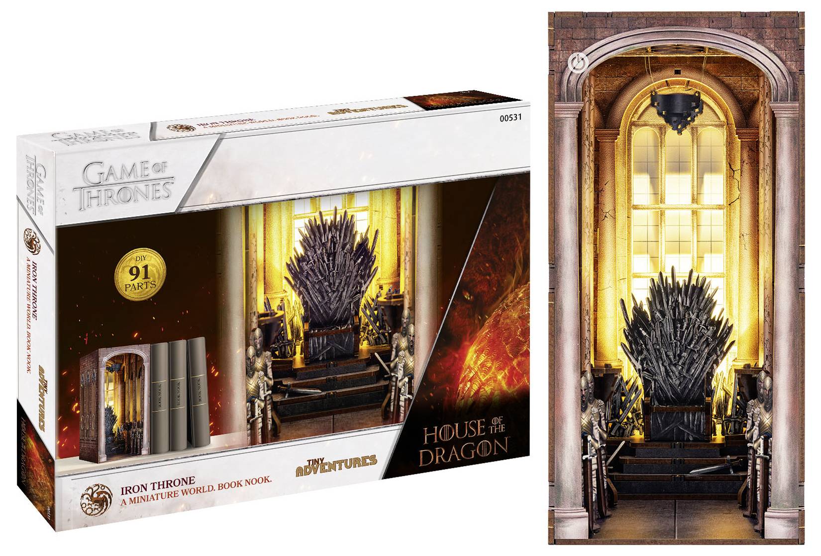 Balení miniaturní stavebnice Železného trůnu z 'House of the Dragon' a 'Game of Thrones', obsahující 91 dílků.