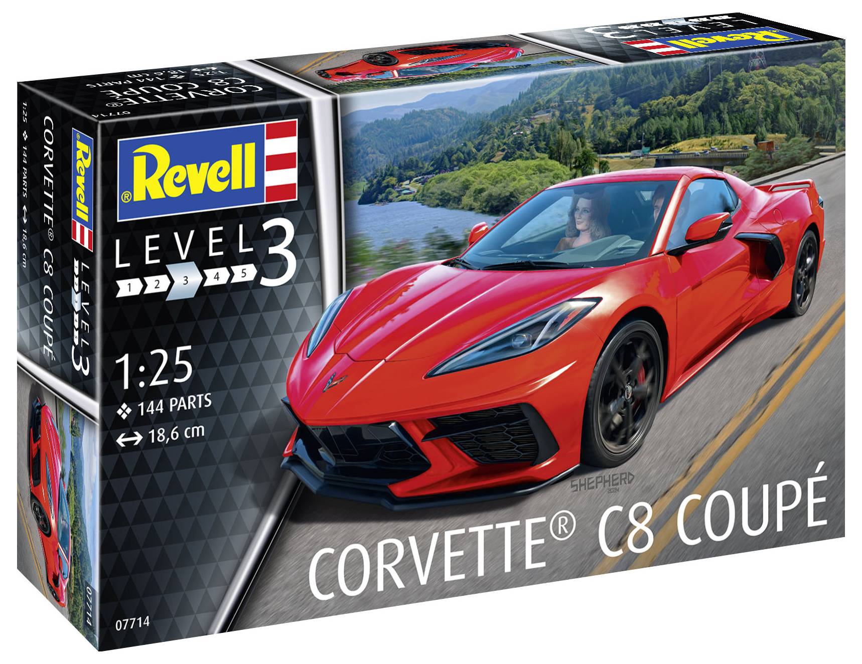 Obal stavebnice modelu od Revell. Zobrazuje červené kupé Corvette C8, úroveň obtížnosti 3, měřítko 1:25. 144 dílů.