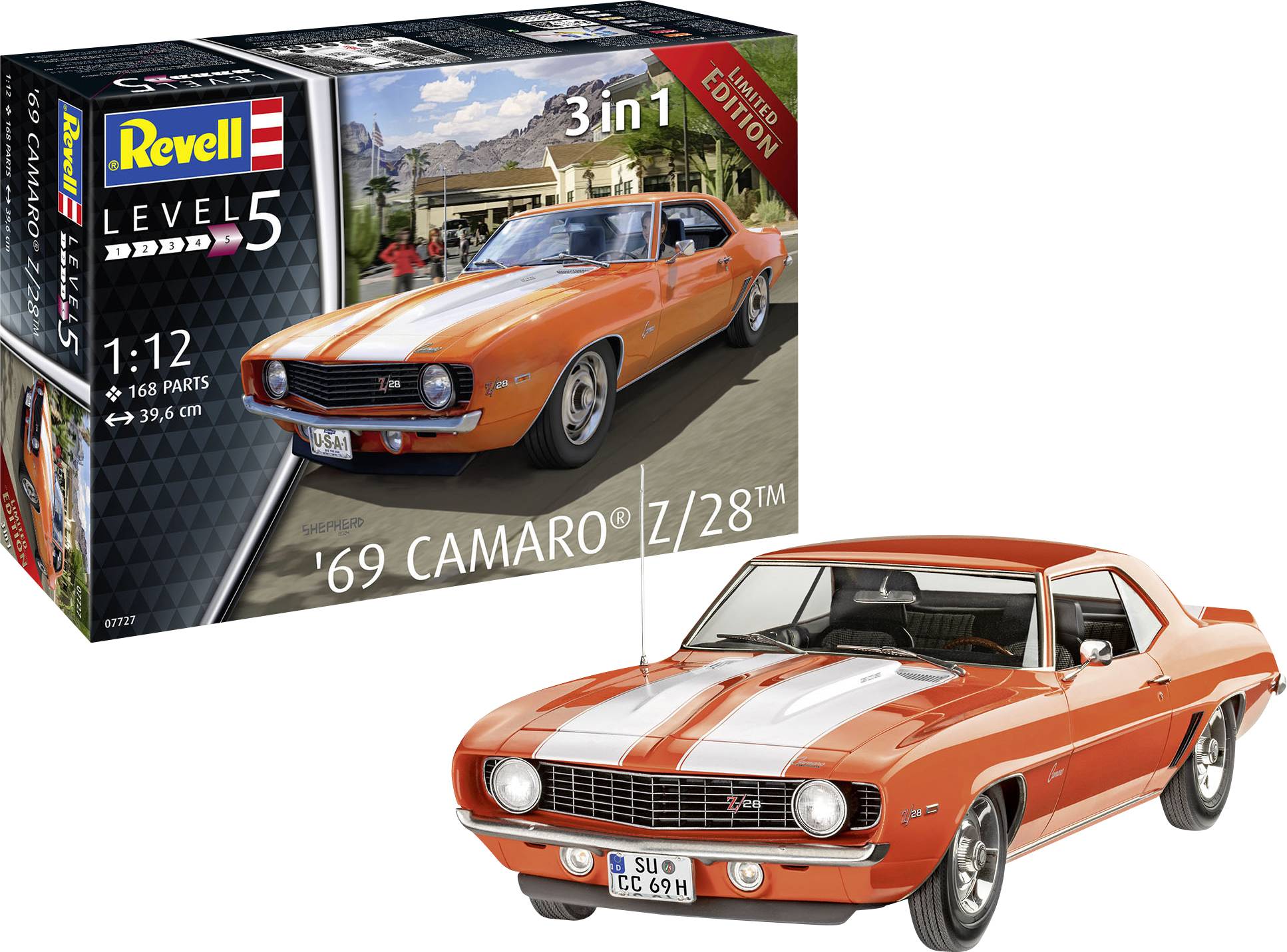 Stavebnice modelu '69 Camaro Z/28' od firmy Revell, měřítko 1:12, zobrazuje modelové autíčko s oranžovo-bílými pruhy. Obsahuje 168 dílů.