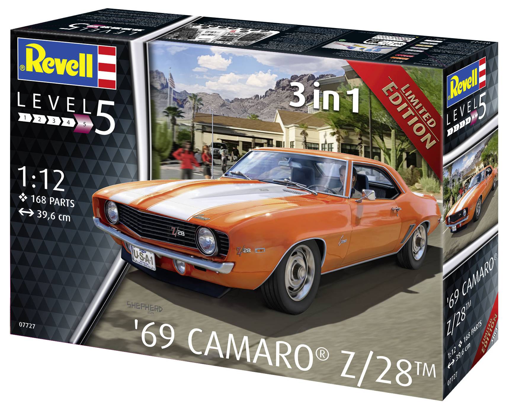 Stavebnice '69 Camaro Z/28', měřítko 1:12, 168 dílů. Oranžový sportovní vůz před horskou kulisou, součást limitované edice.