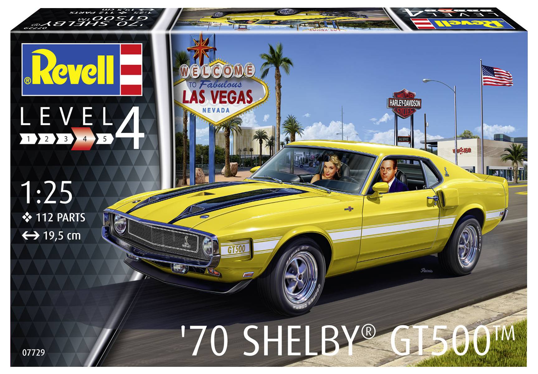 'Modelujte model Shelby GT500 z roku 1970. Žluté auto s černými pruhy. Pozadí Las Vegas. Měřítko 1:25.'