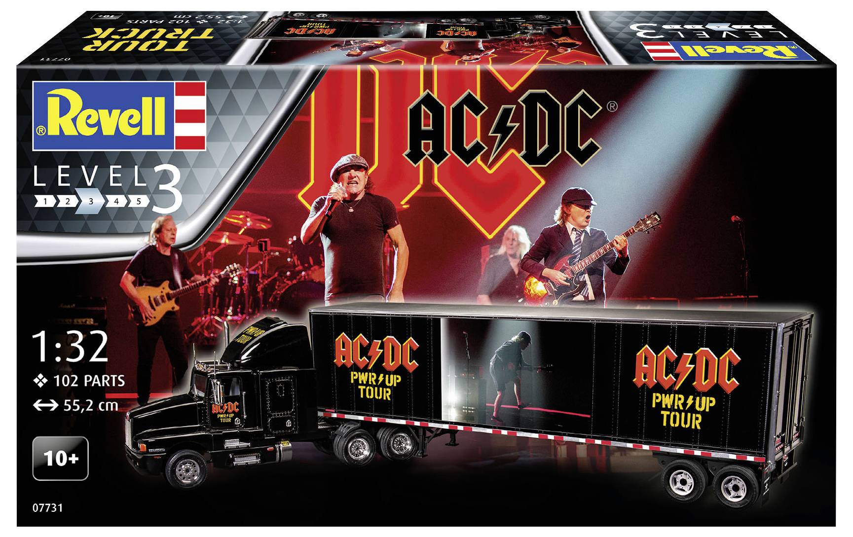 Modelářská sada Revell 'AC/DC PWR/UP Tour Truck' (úroveň 3, 1:32), zobrazuje černý truck s logem kapely, vhodné pro děti od 10 let.