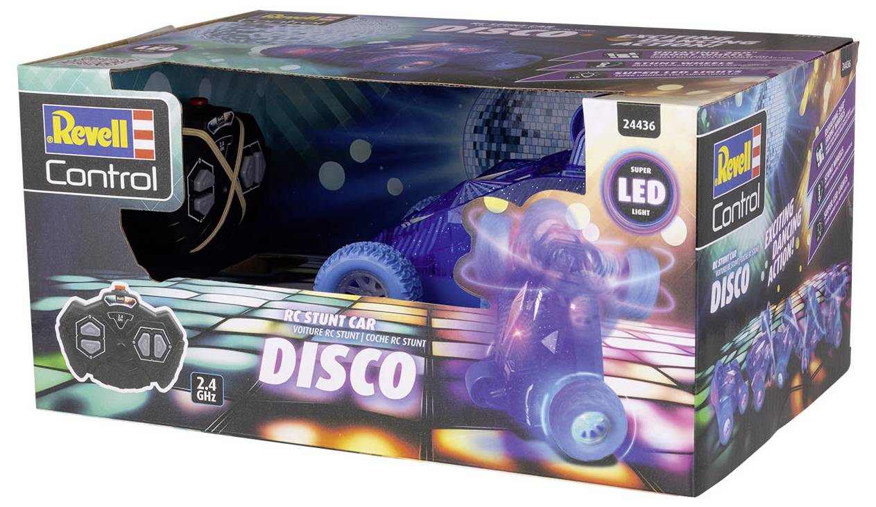 Balení s nápisem: 'Revell Control RC Stunt Car DISCO'. Ukazuje dálkově ovládané auto se světelnými LED efekty, s technologií 2,4 GHz.